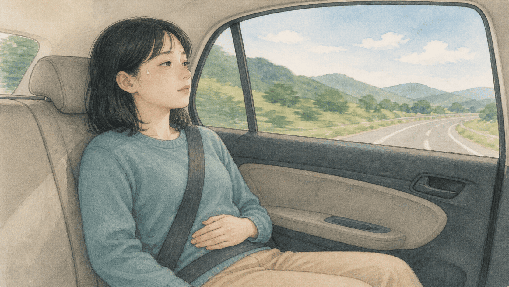 이동 중 울렁거려 창밖 먼 곳을 보는 자동차 승객 그림