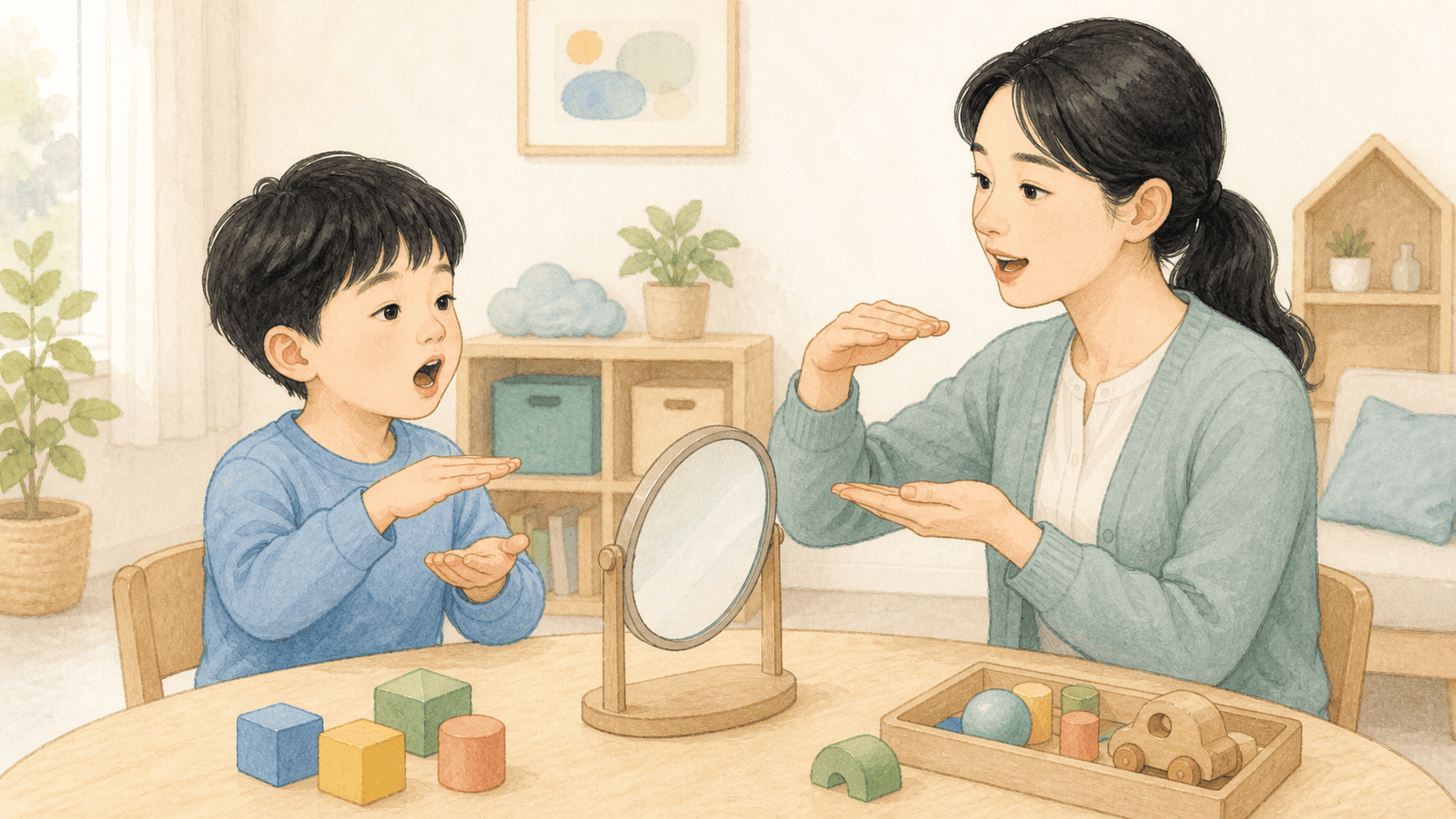 언어재활사와 아이가 거울 및 리듬 손동작과 놀이 자료로 단계적인 말 연습을 하는 2D 일러스트