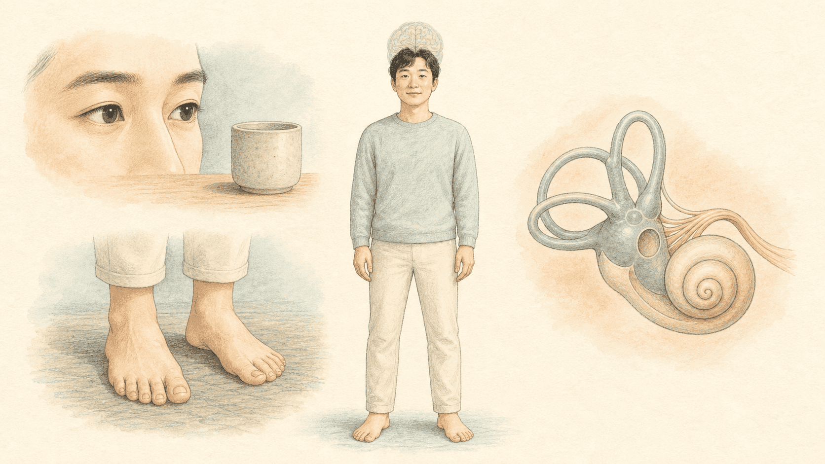 눈으로 보는 정보와 발바닥 감각 및 속귀 평형 감각을 함께 써서 균형을 잡는 성인