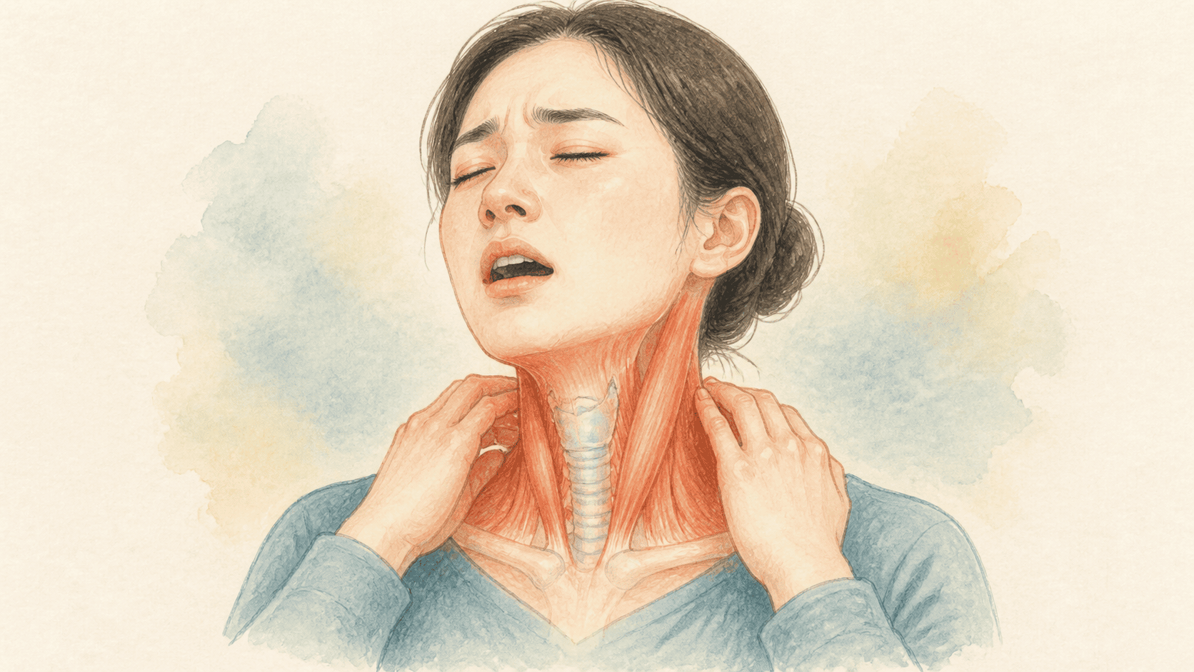 목소리를 낼 때 목과 어깨에 힘이 들어간 사람의 상반신 그림