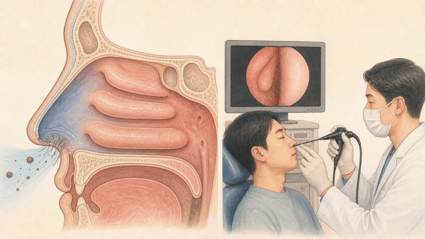 비강 입구의 코털과 비강내시경 진찰 장면