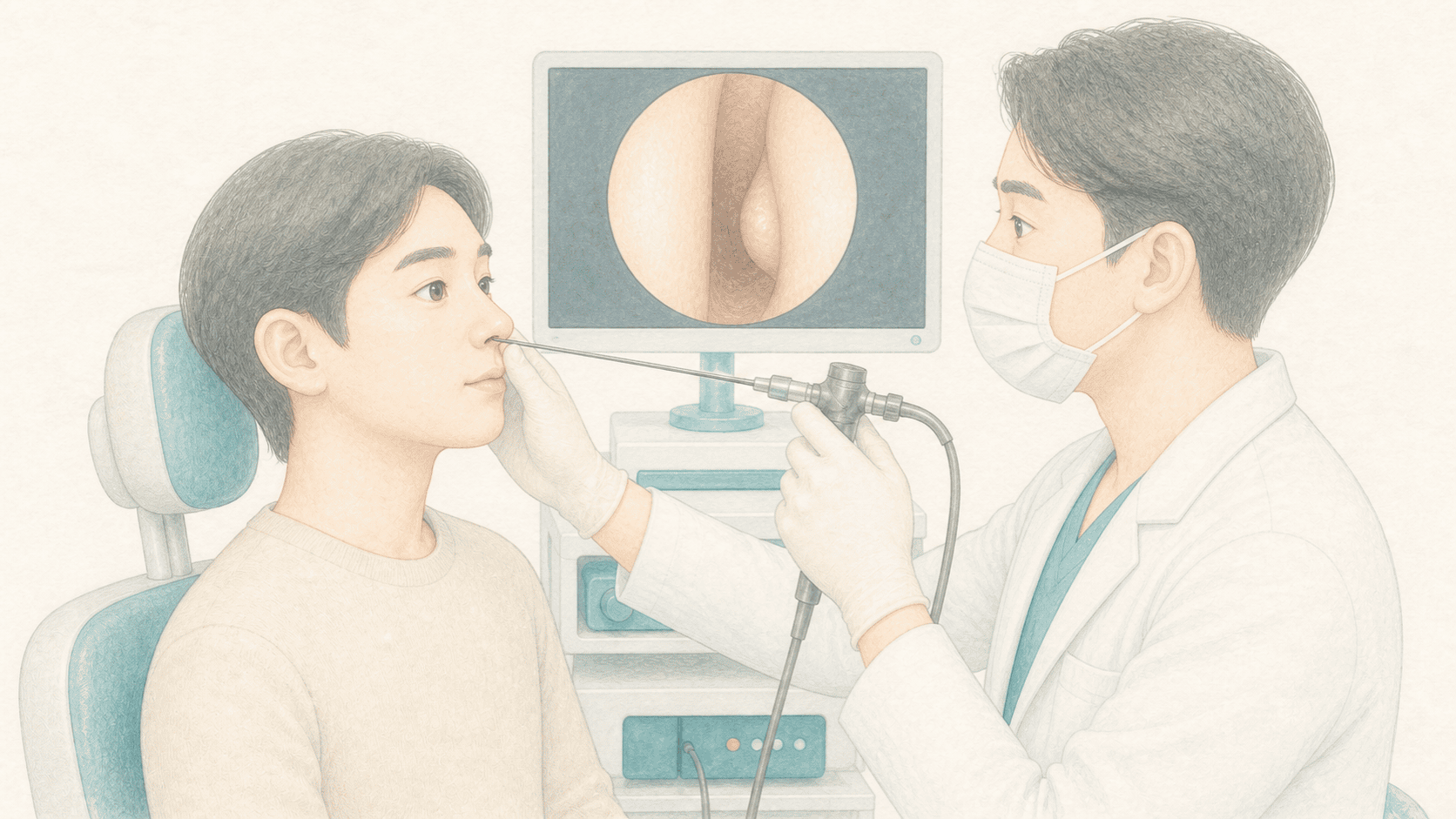 진료 의자에 앉은 환자의 한쪽 콧구멍으로 가는 내시경을 넣어 비강을 살피는 장면