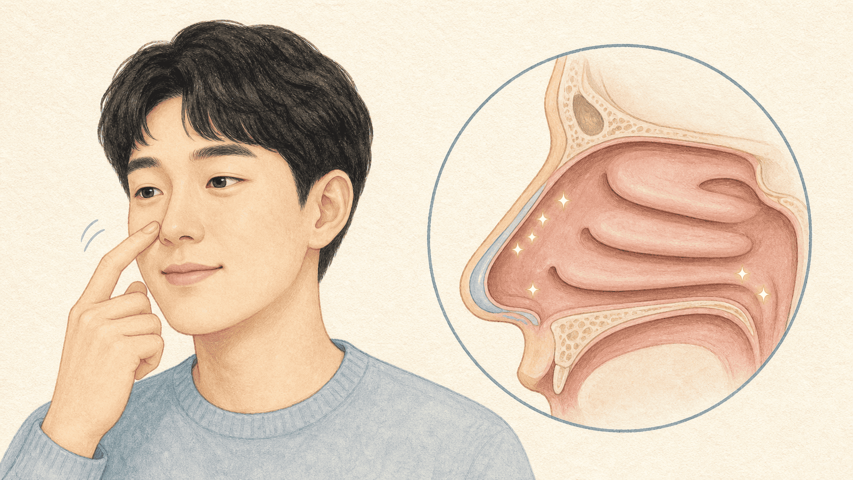 코 안 가려움을 느끼며 코 옆을 만지는 사람