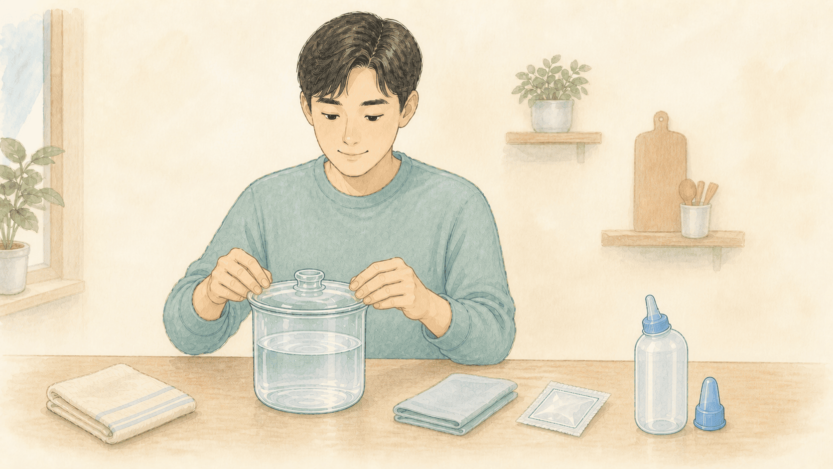 안전한 물과 식염수로 코 세척을 준비하는 모습