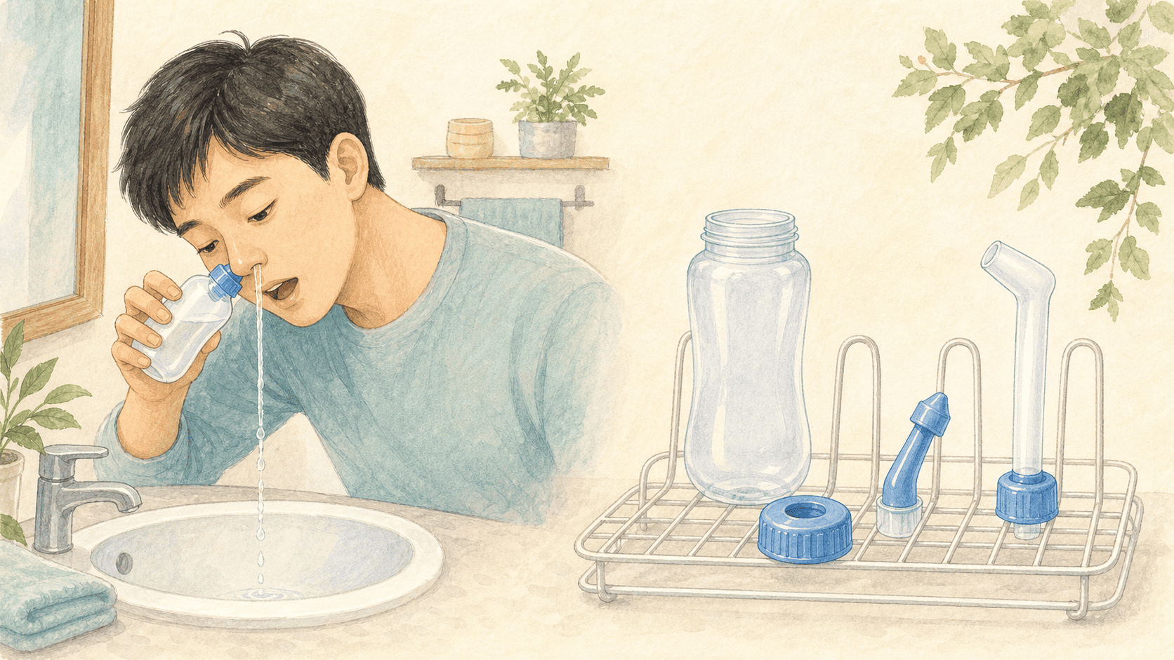 싱크대에서 코 세척을 하고 분리한 기구를 말리는 모습