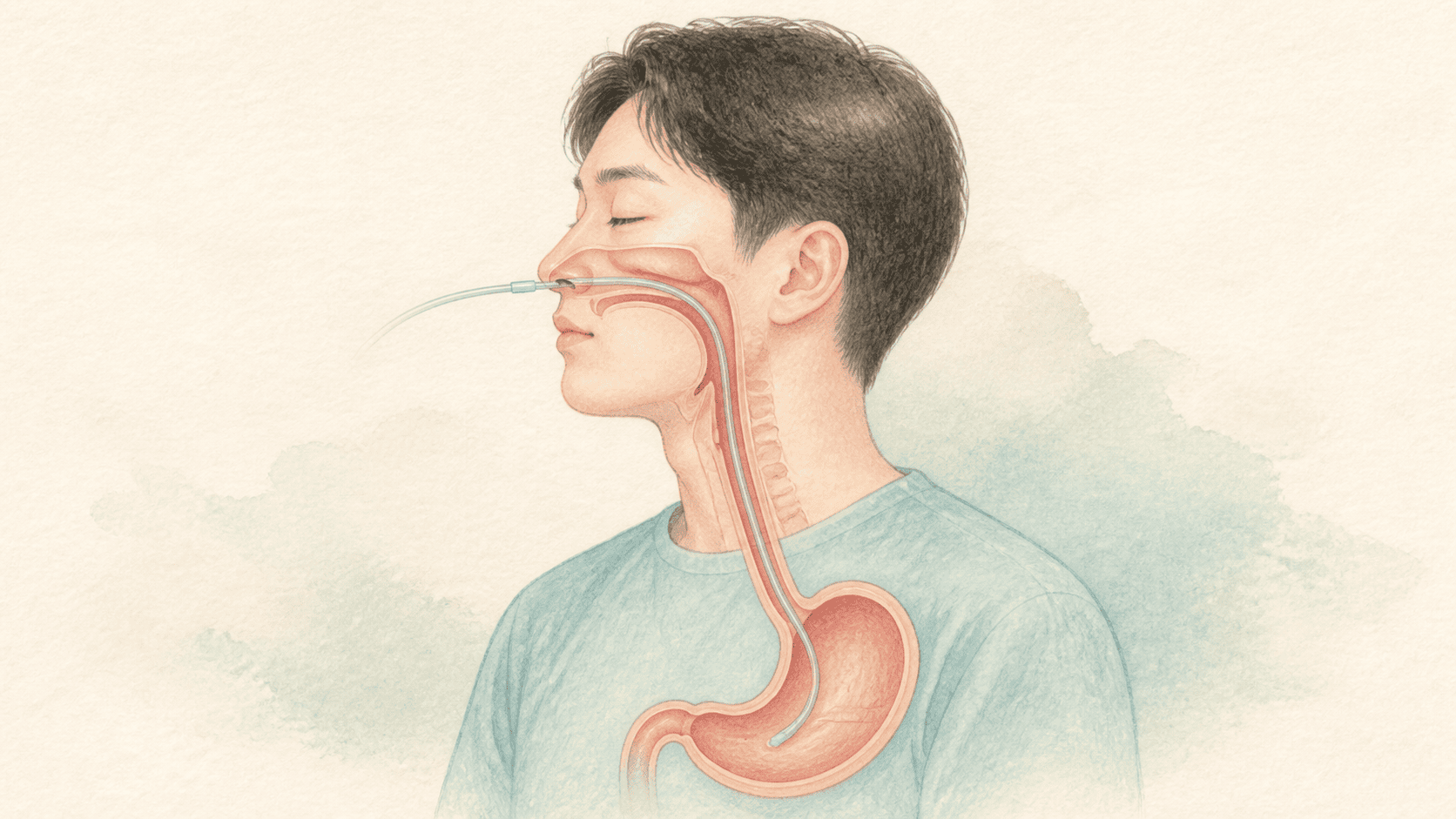옆모습에서 코와 식도를 거쳐 위까지 이어지는 비위관 경로 그림