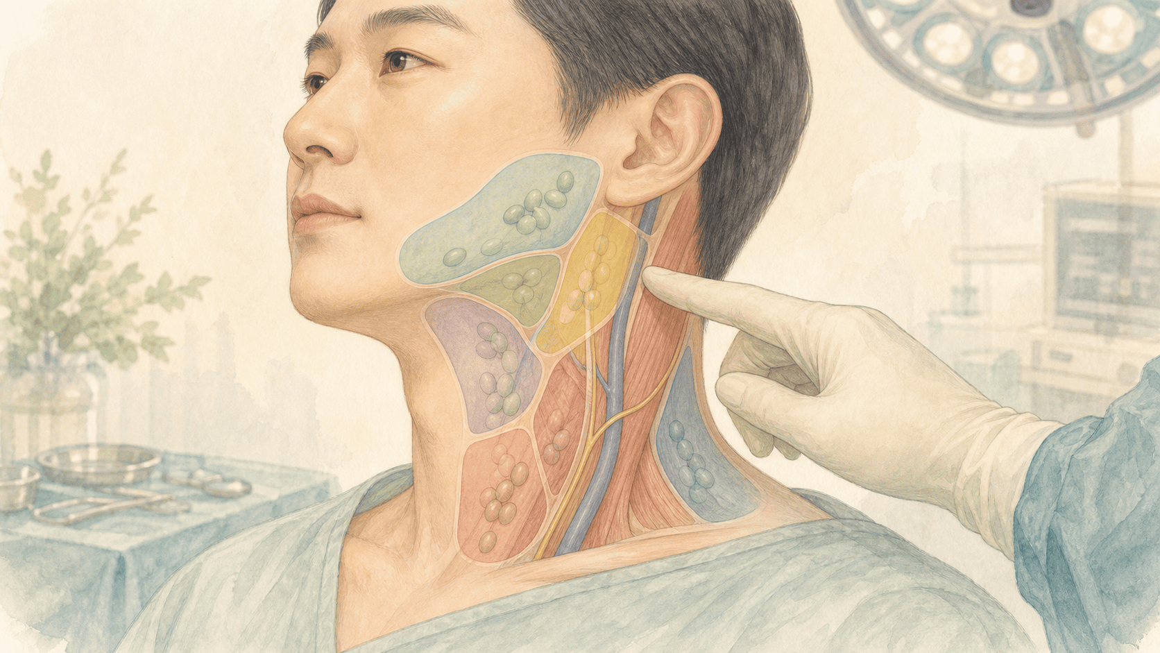 목 림프절 구역과 주요 신경, 정맥, 근육을 나타낸 수술 그림