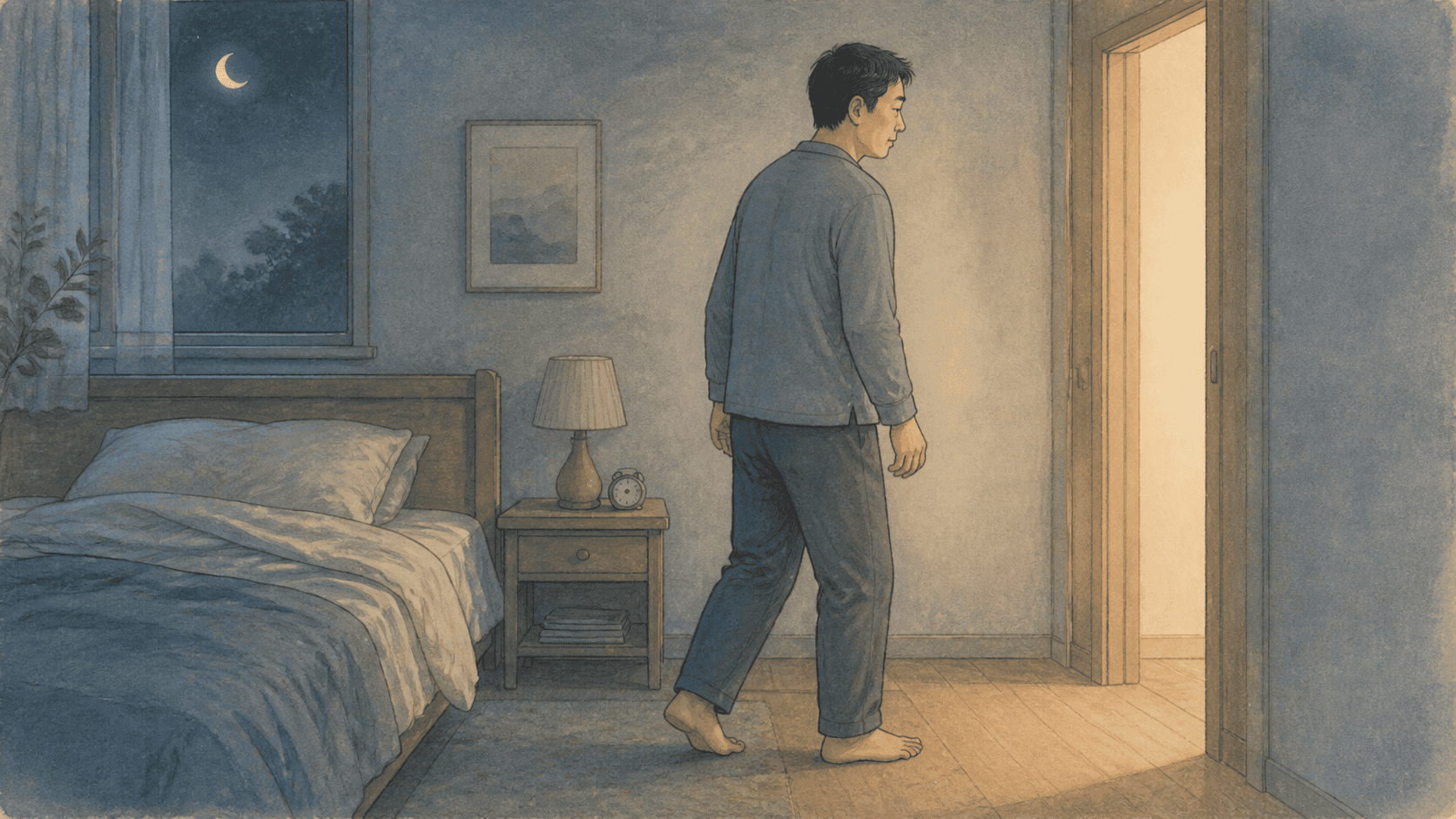 밤에 깨어 화장실로 향하는 인물, 야간뇨 개념도