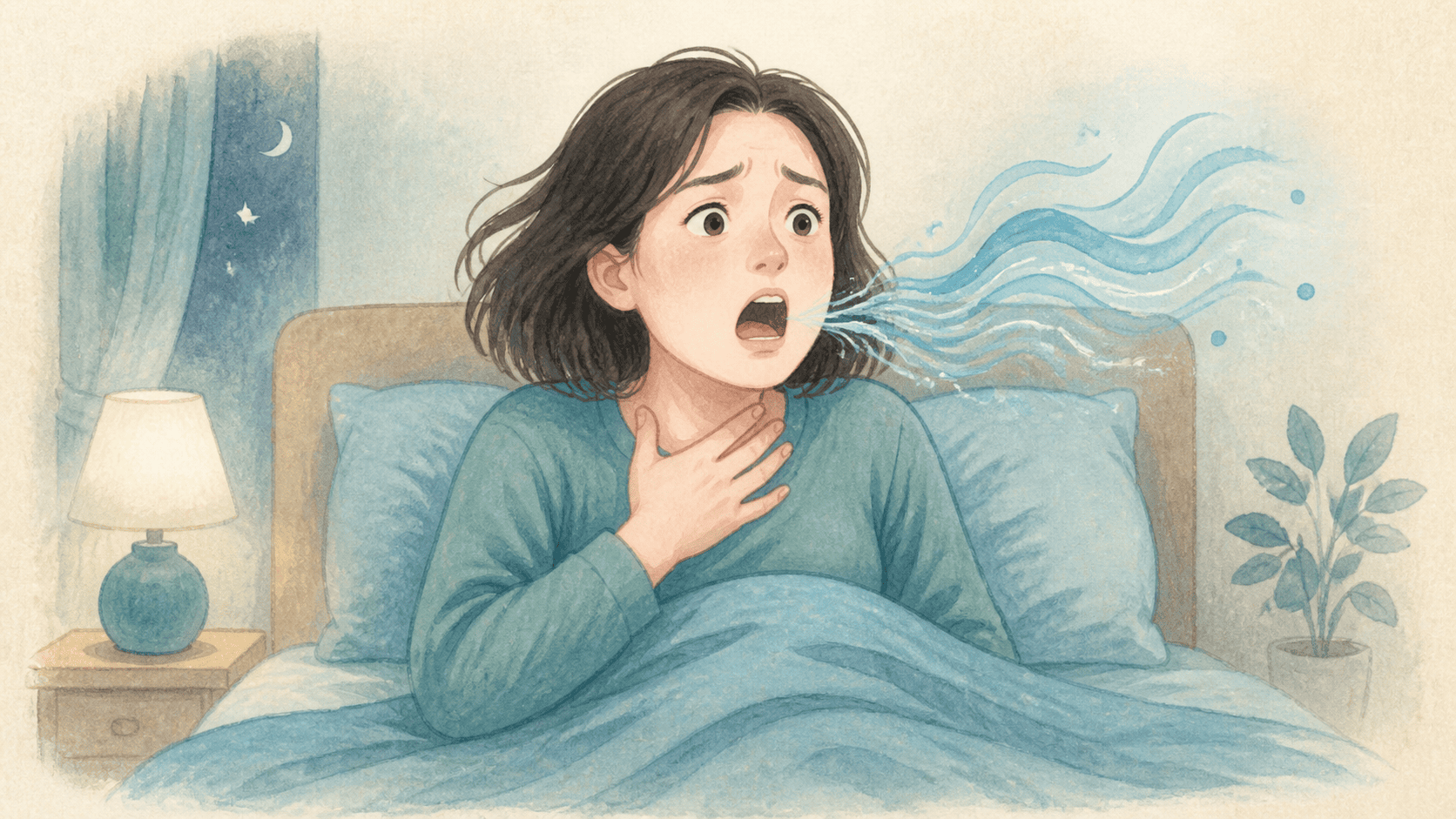 잠에서 놀라 눈을 뜬 사람과 짧은 호흡 흐름을 보여 주는 그림