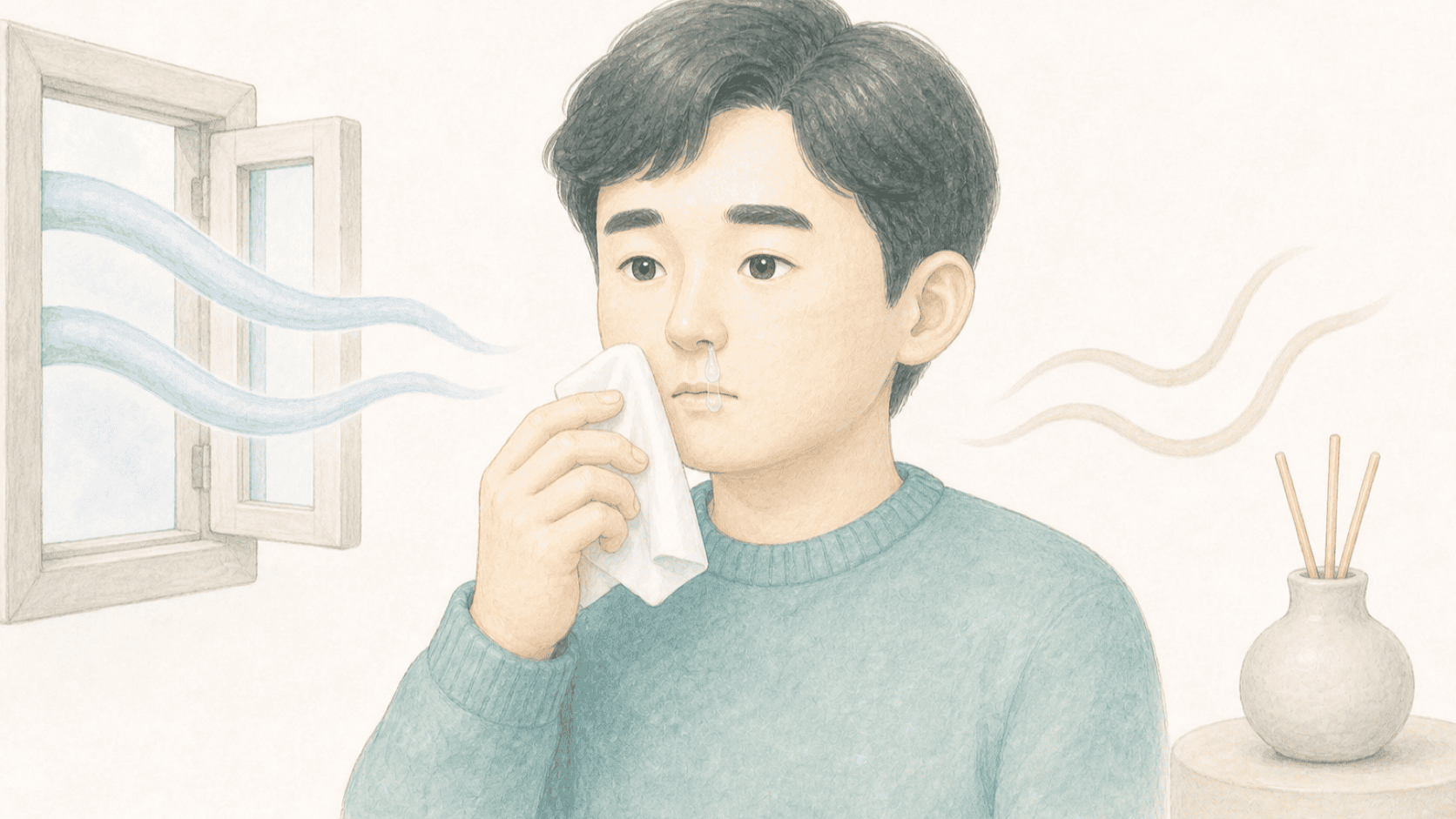 찬 공기와 강한 향에 코막힘과 맑은 콧물을 느끼는 비알레르기 비염 환자 일러스트