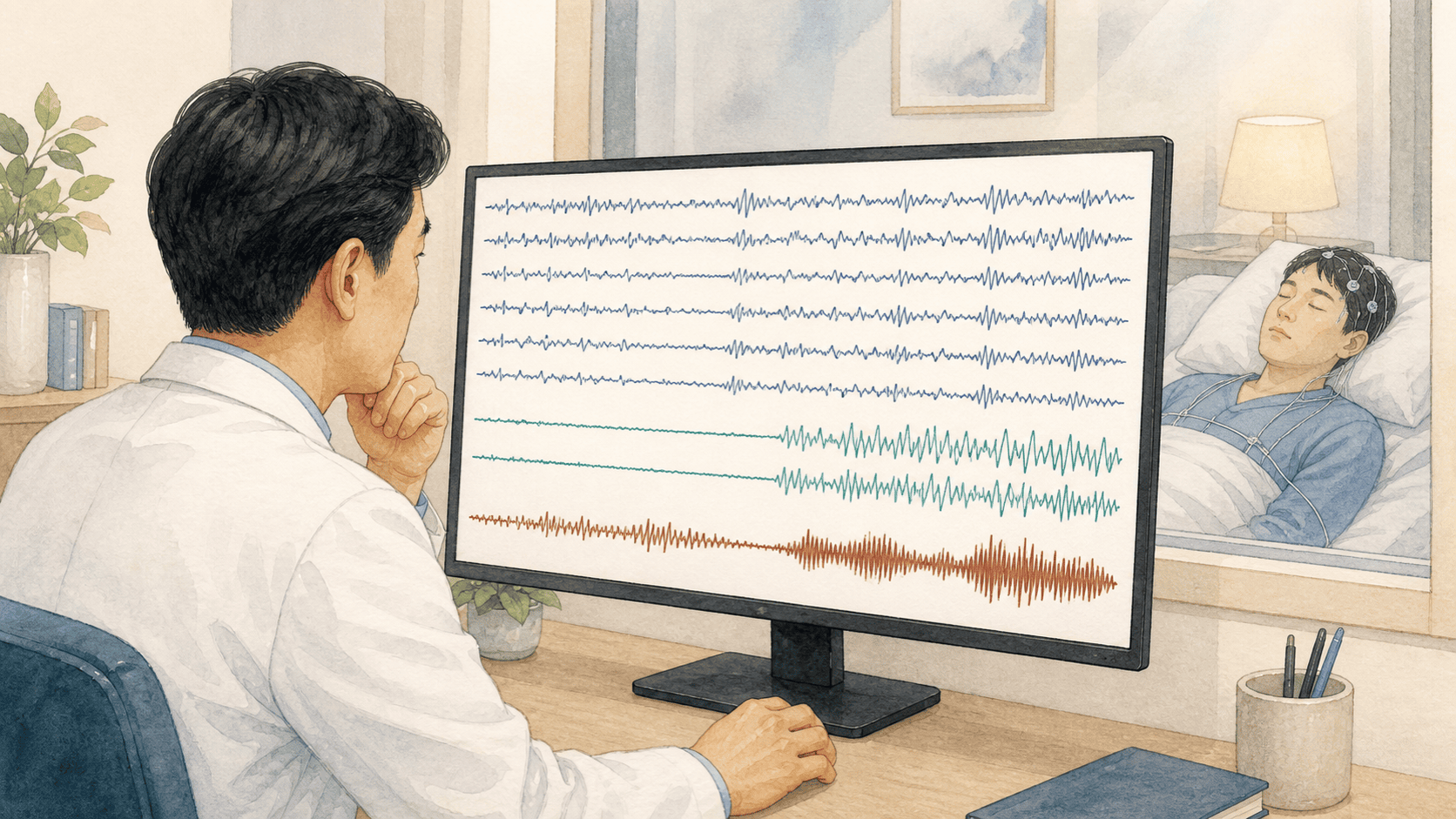 수면전문가가 뇌파와 눈 움직임, 턱 근전도의 여러 무문자 기록선을 함께 보며 비렘수면을 판독하는 2D 일러스트