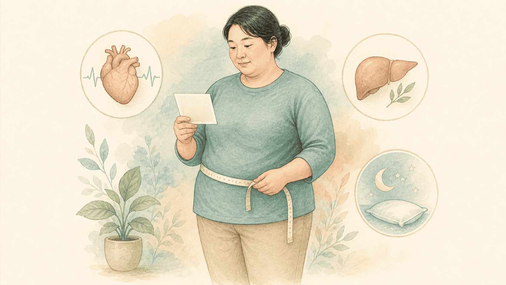 허리둘레와 건강 상태를 함께 살피는 비만 평가 2D 의료 일러스트