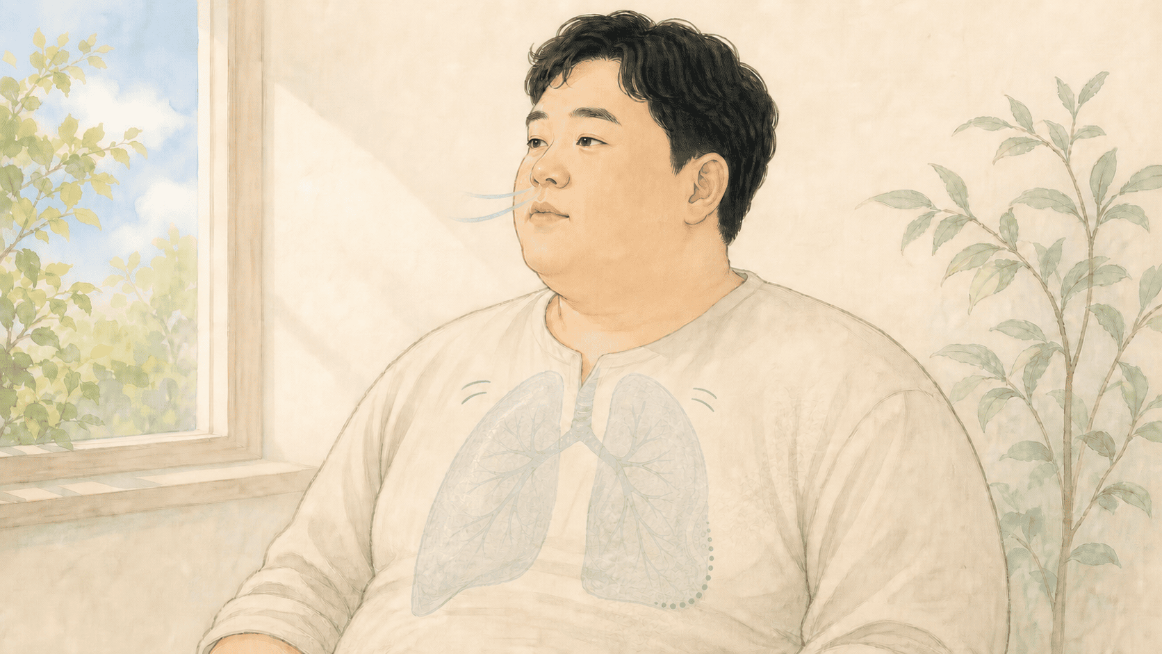 낮에 깨어 앉아 있는 체격이 큰 성인의 얕은 호흡과 몸 안에 이산화탄소가 쌓이는 모습을 그린 2D 의료 일러스트