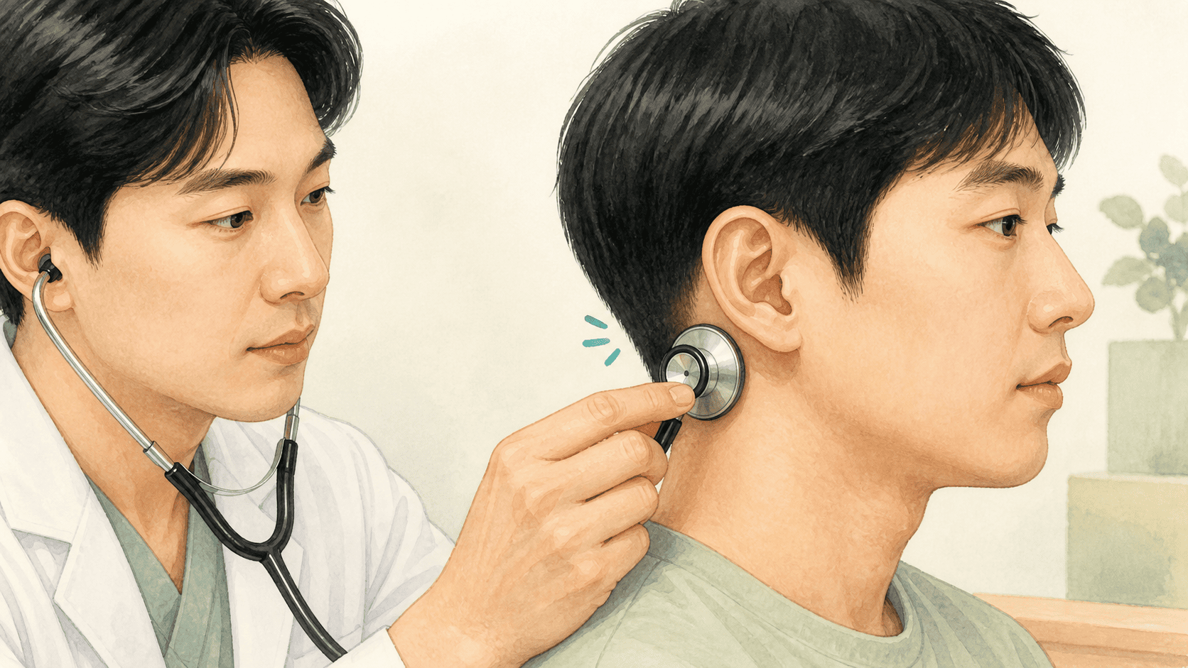 의료진이 환자의 귀 주변에 청진기를 대고 몸 안에서 생긴 소리를 확인하는 객관적 이명 일러스트
