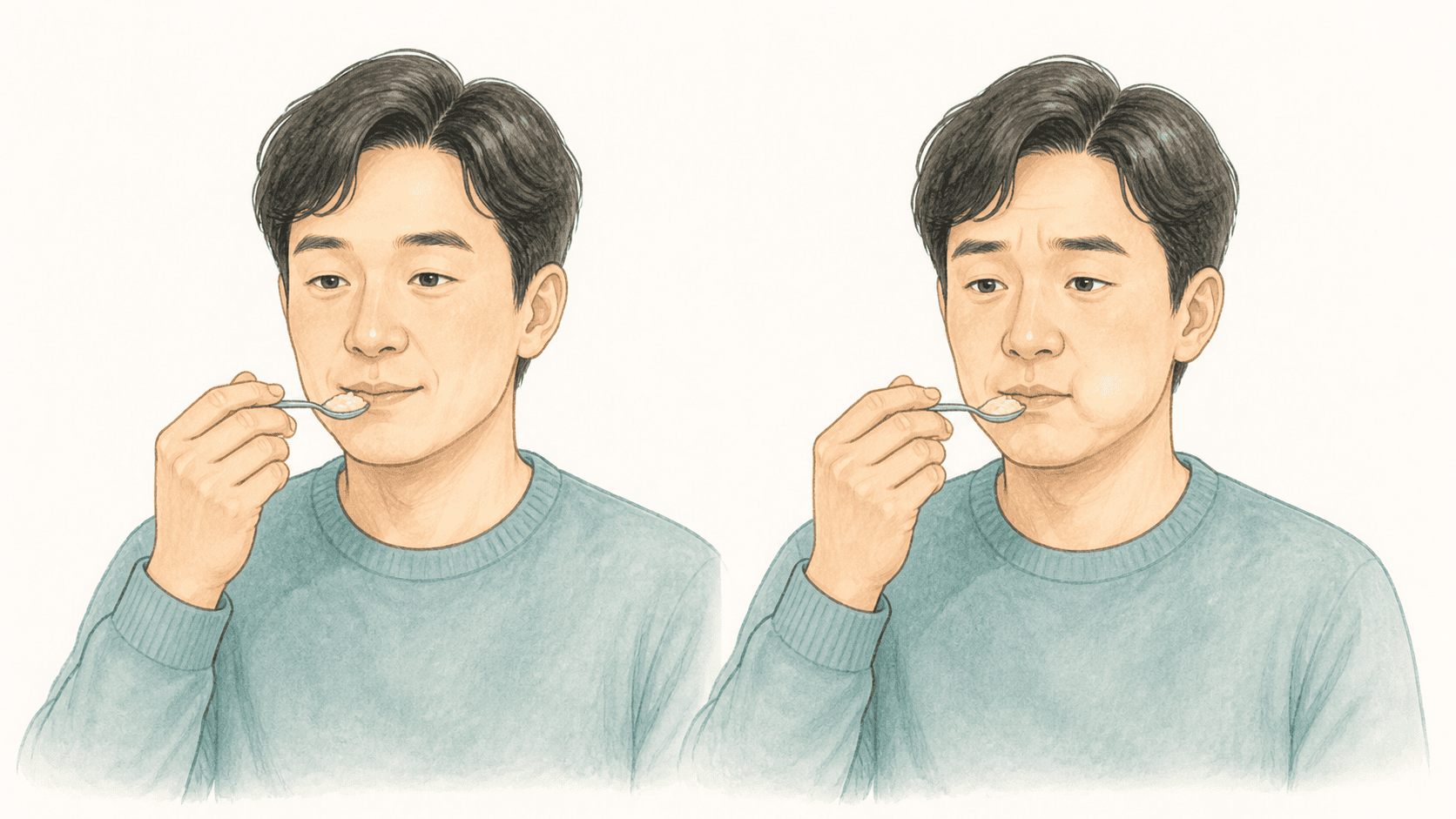같은 성인이 입안에서 음식을 씹어 한 덩이로 모을 때의 편안한 모습과 어려운 모습 비교