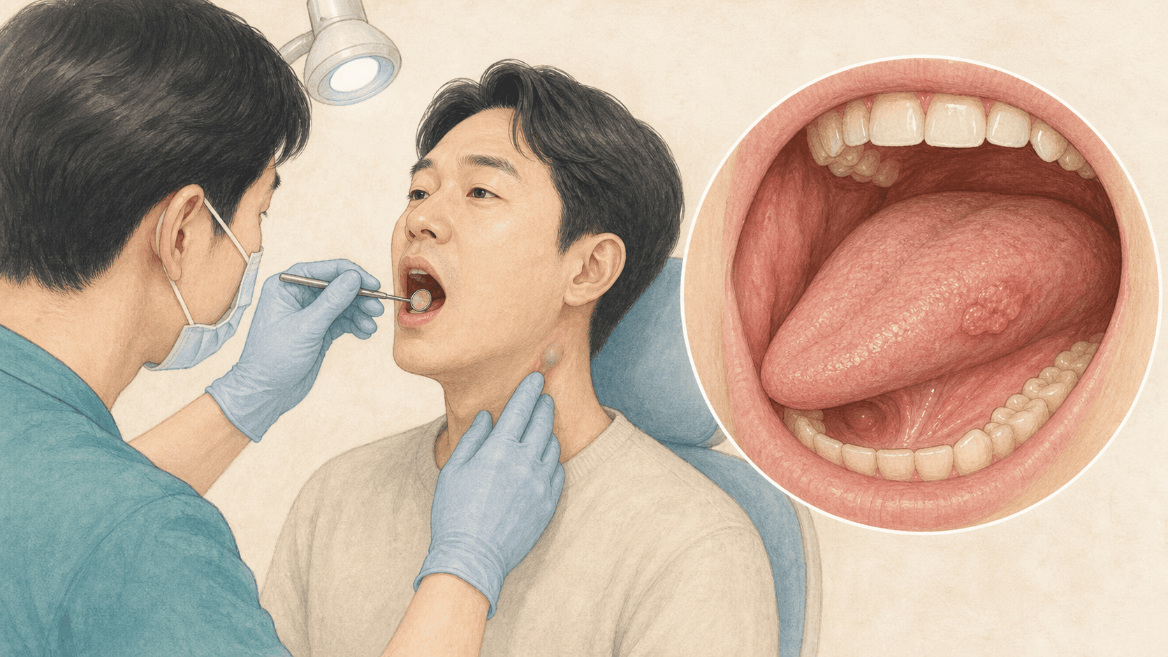 혀 옆의 구강 병변과 목 림프절을 함께 진찰하는 그림