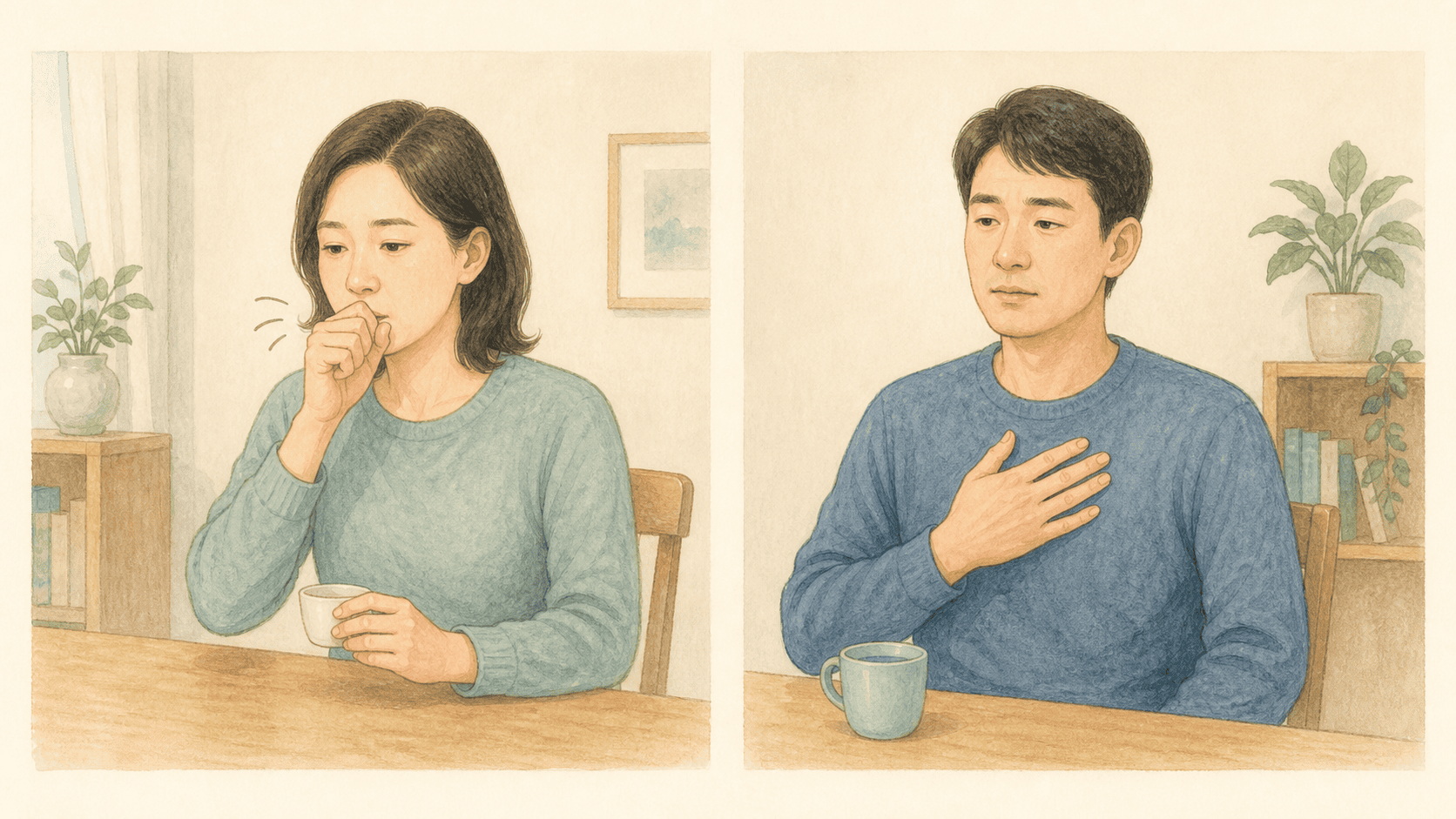 삼키기 시작하기 어려운 증상과 삼킨 뒤 가슴에 걸리는 증상을 나란히 보여 주는 장면
