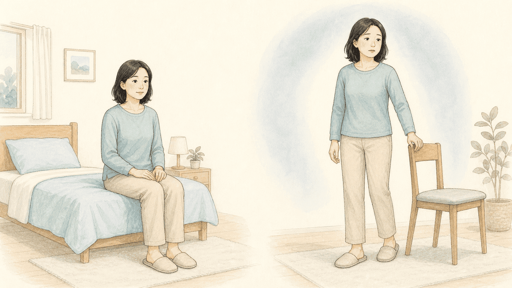 앉았다 일어선 뒤 잠시 아득해져 의자 등받이를 짚고 멈춘 두 순간의 그림