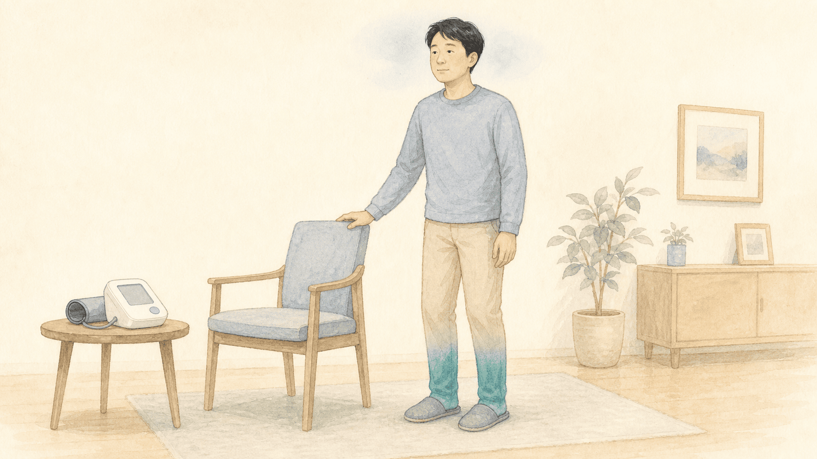 일어난 성인이 등받이를 잡고 잠시 멈춰 선 모습