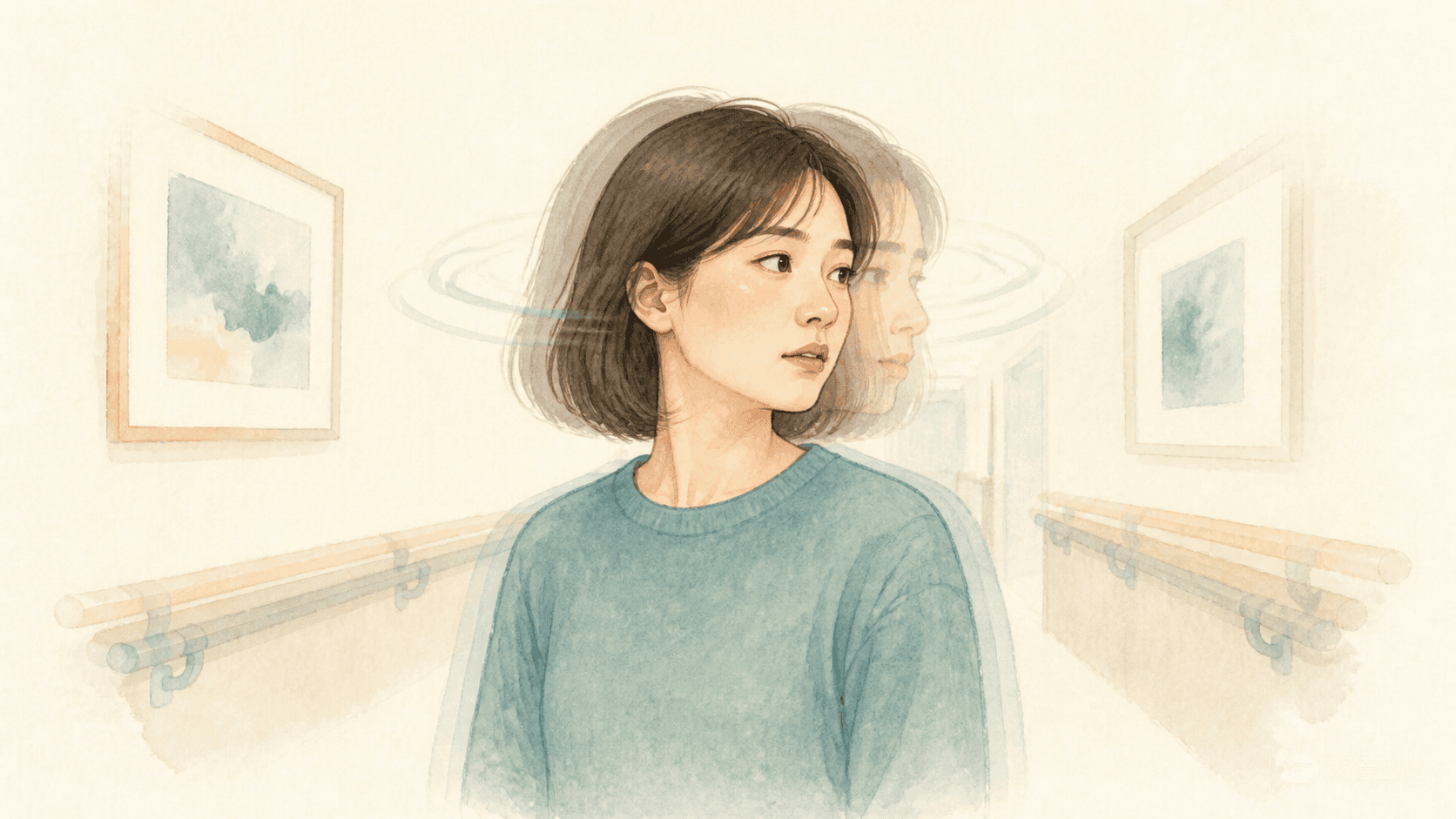 복도에서 고개를 돌릴 때 난간과 벽 장식이 가볍게 이중으로 보이는 장면