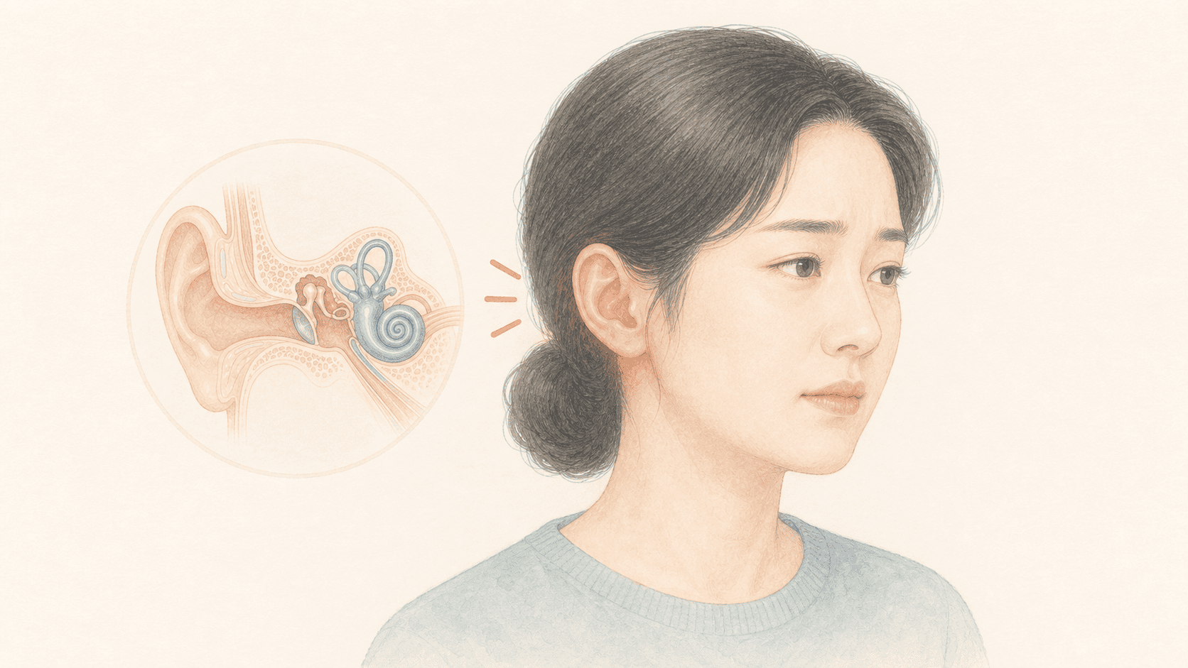한쪽 귀 통증을 느끼는 성인과 귀 구조 그림