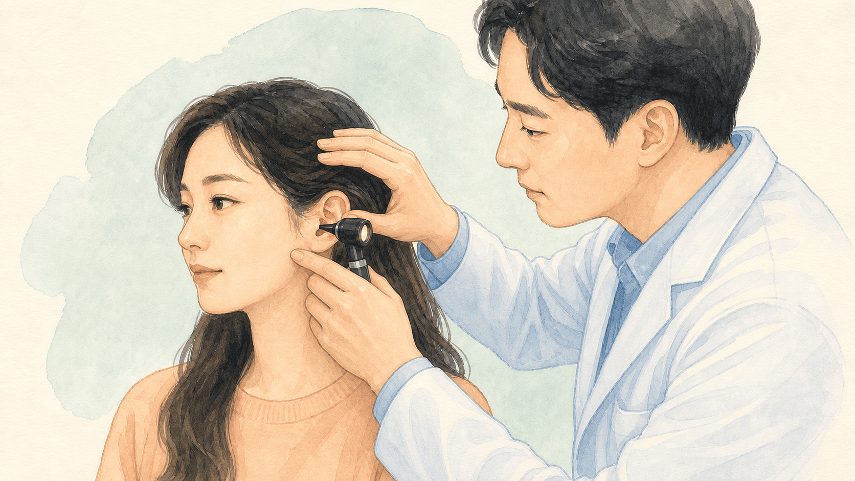 이비인후과 의료진이 성인의 외이도와 고막을 이경으로 살피는 2D 일러스트