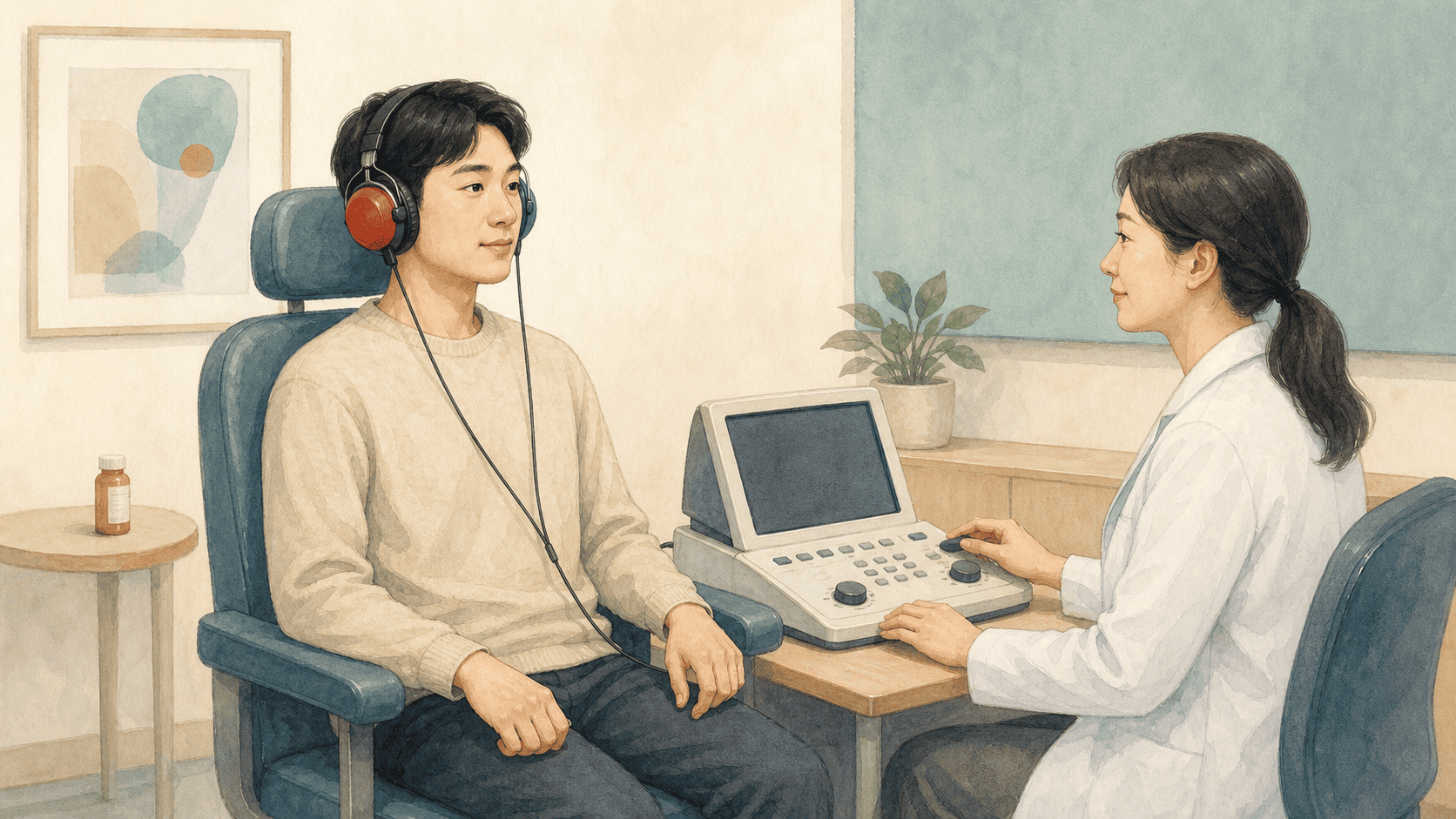 청력검사 장비 앞에서 헤드폰을 쓰고 검사받는 성인
