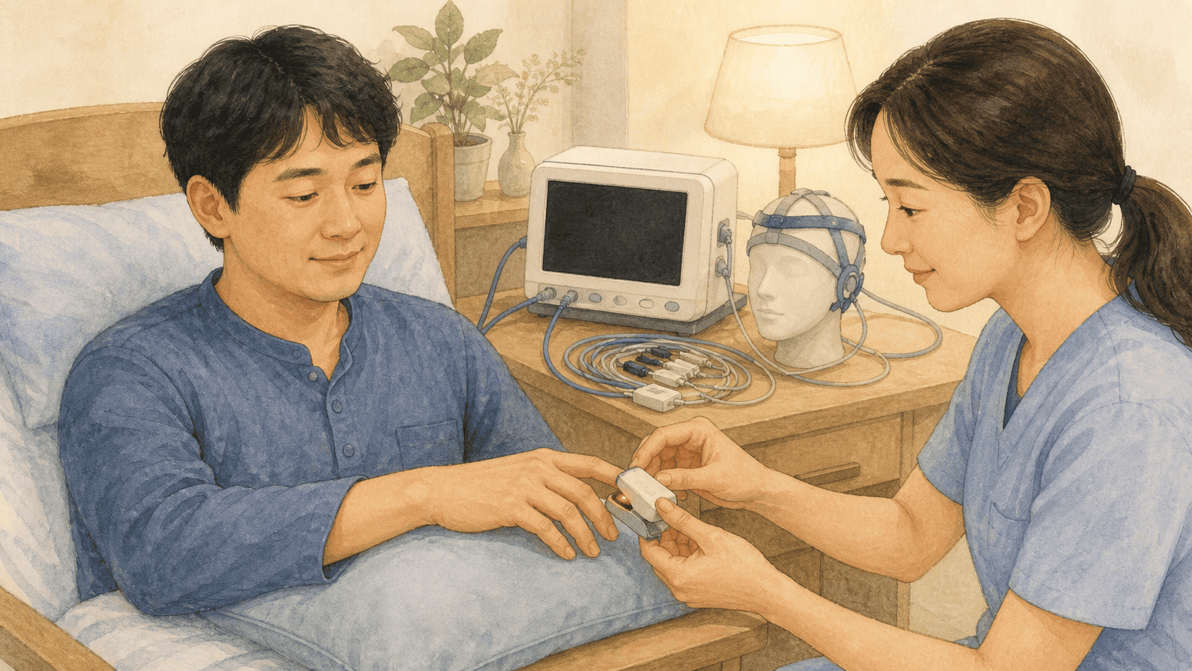손가락 센서로 산소포화도를 재는 검사