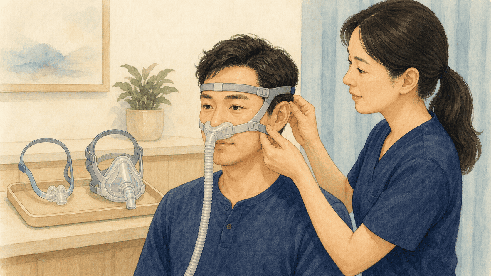 양압기 마스크 끈과 쿠션 위치를 맞추는 장면