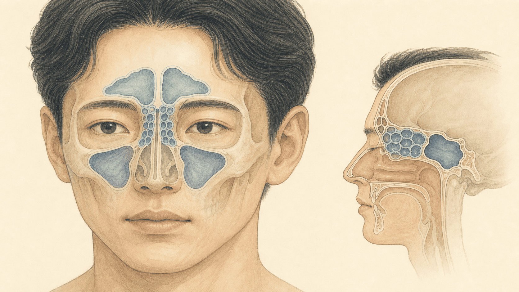 이마와 눈 사이, 볼과 코 뒤의 네 부비동 위치