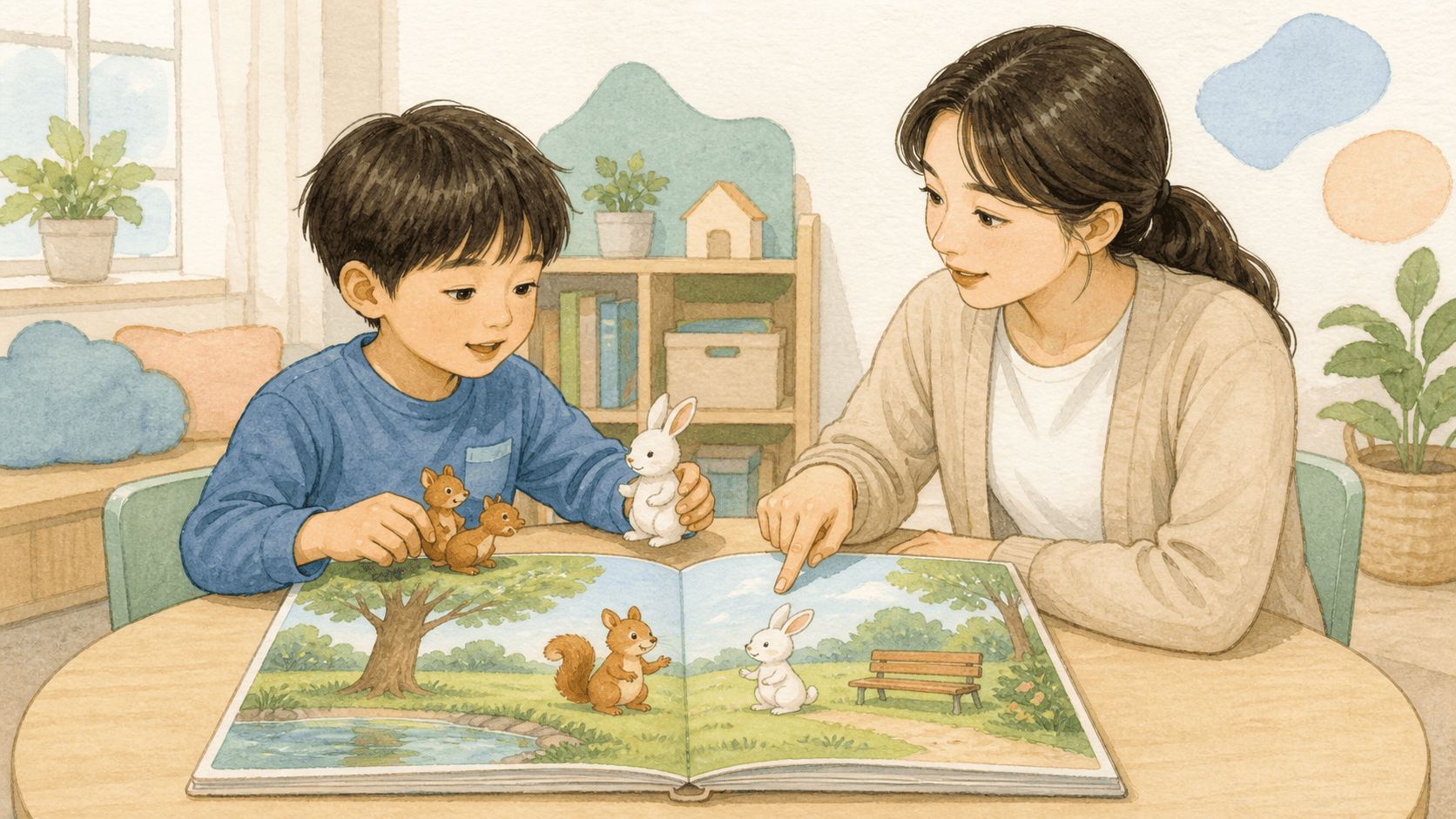 치료사가 그림책과 역할놀이로 조사와 어미 사용을 이끄는 모습