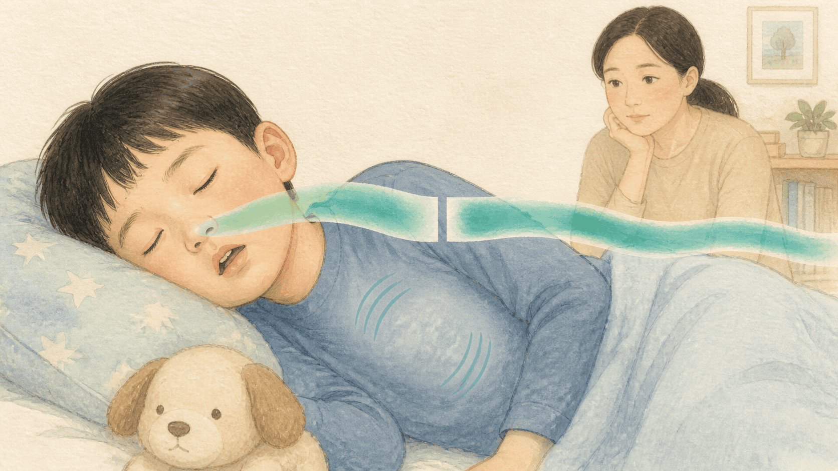 옆으로 자는 학령기 아이의 코와 입 앞 기류가 잠시 약해지고 보호자가 호흡을 살피는 소아 수면무호흡증 2D 의료 일러스트