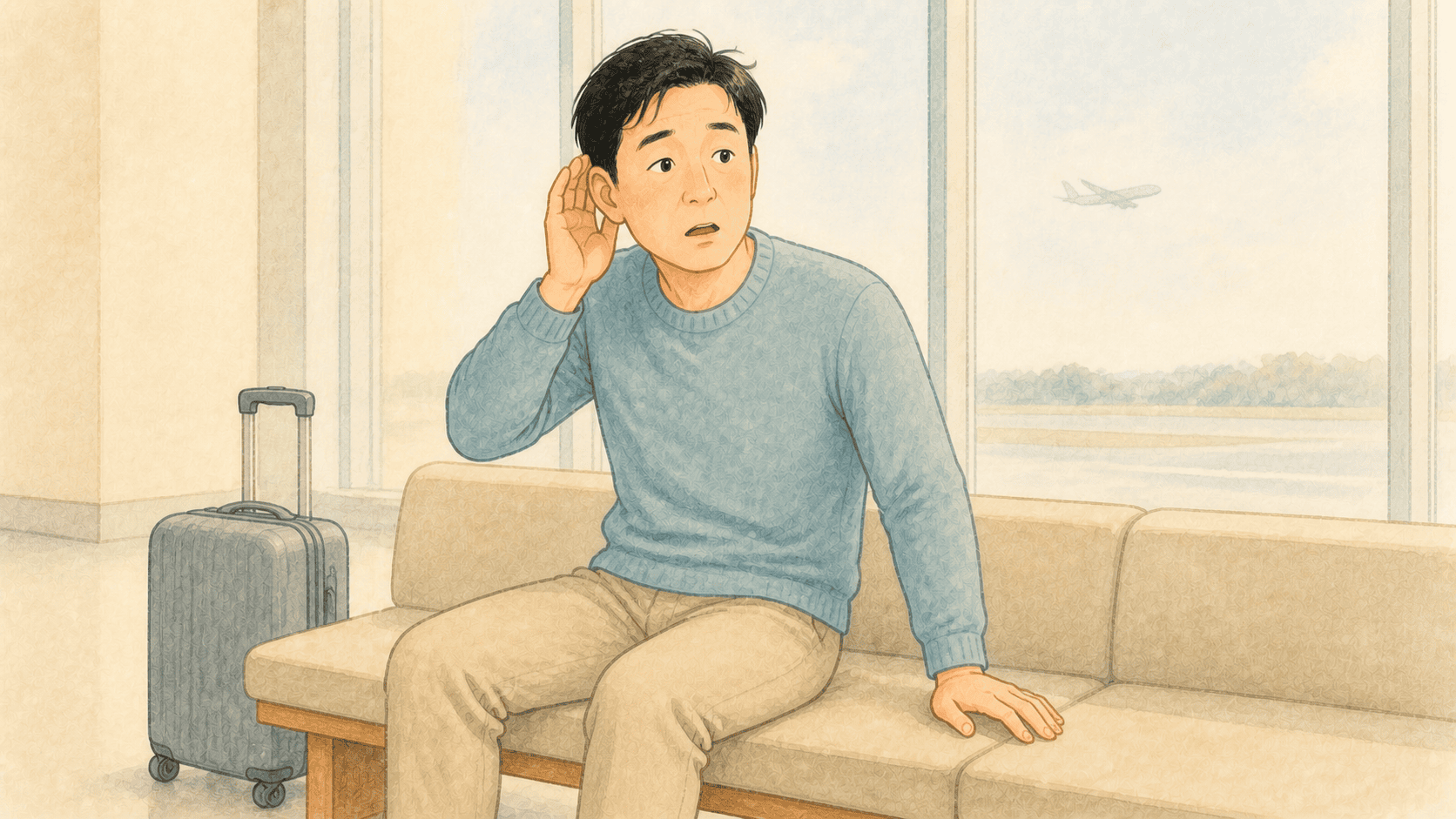 공항에서 비행기를 배경으로 귀에 손을 대고 벤치를 짚은 사람 그림