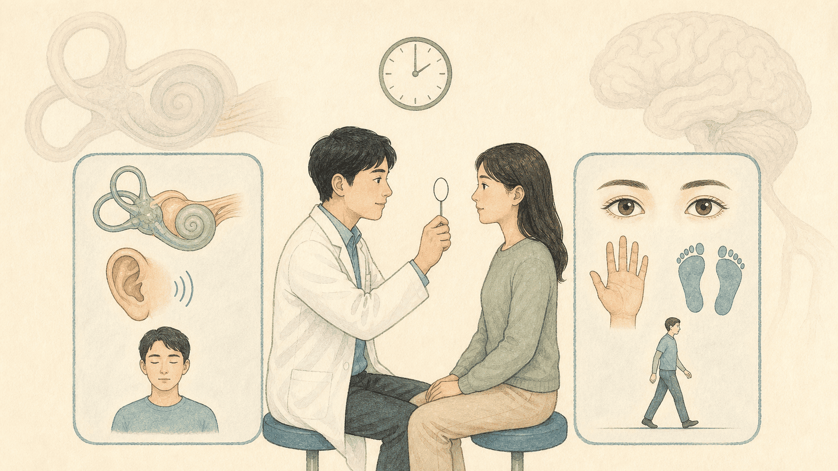 환자와 의료진이 귀와 청력, 눈 움직임, 보행과 신경 증상을 함께 확인하는 말초성 어지럼 2D 일러스트