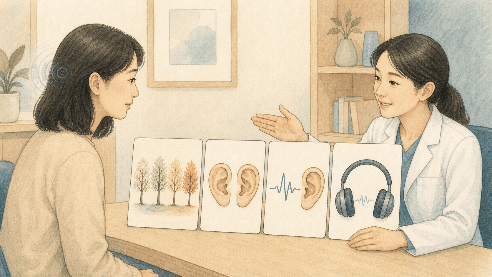 지속 기간, 귀의 위치, 박동성과 청력 상태를 그림 카드로 확인하는 진료 장면 2D 일러스트