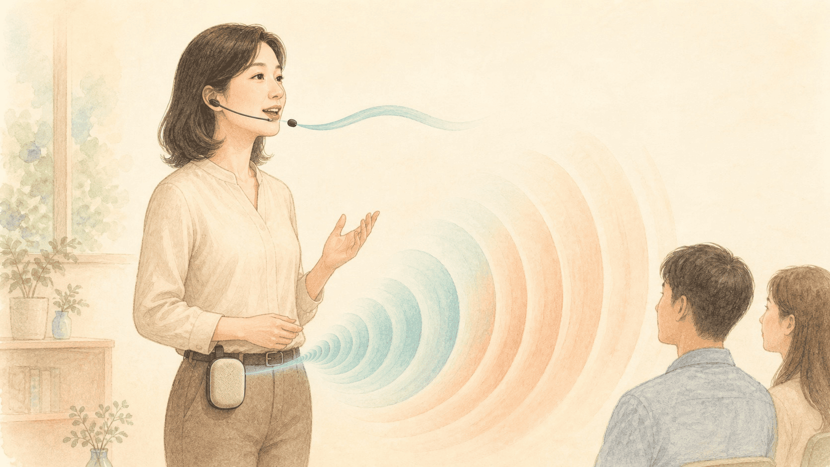 헤드셋 마이크로 받은 목소리를 허리의 작은 스피커로 키워 전달하는 모습