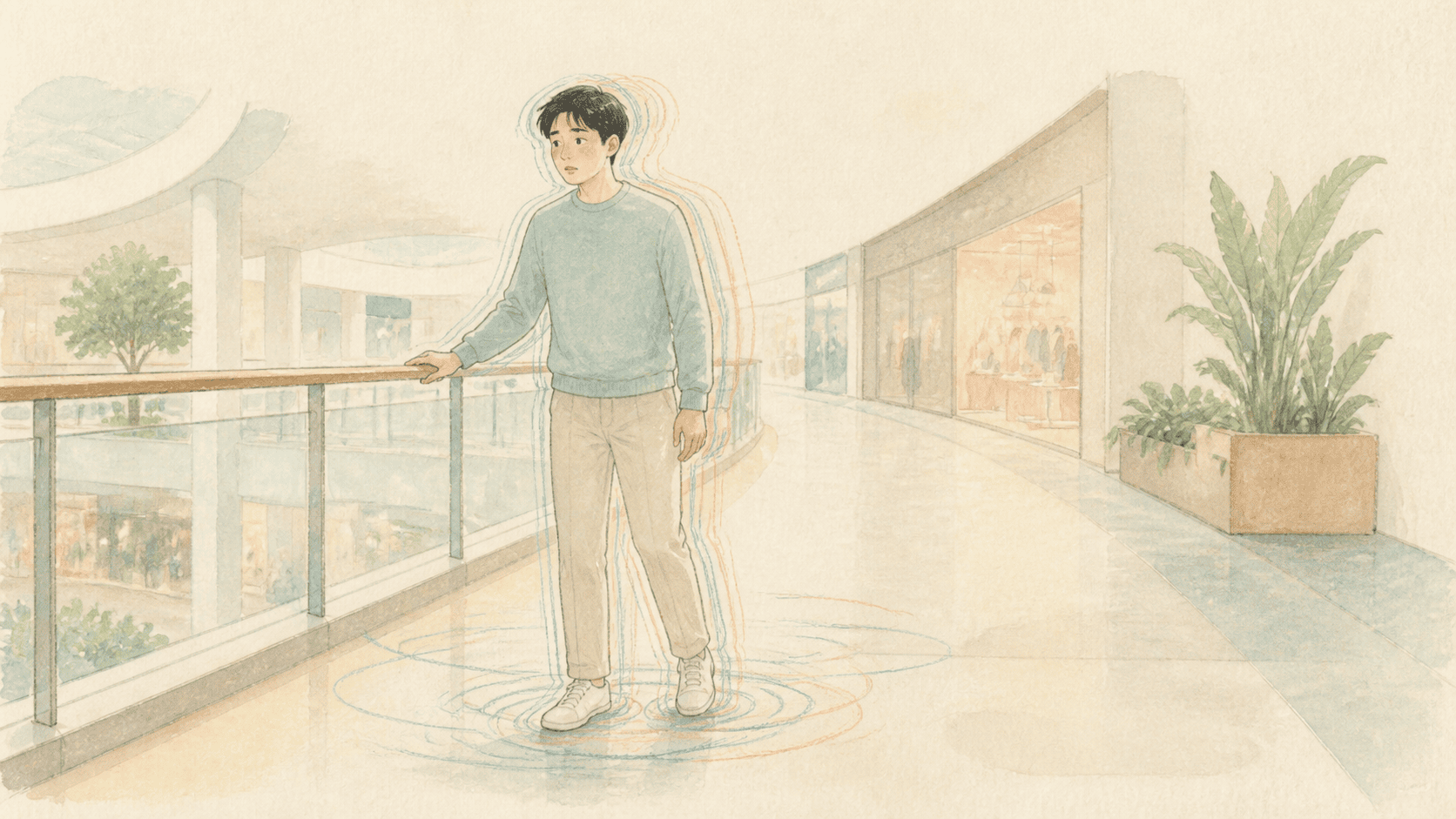 복잡한 공간에 서 있을 때 자세 불안과 어지럼을 느끼는 모습