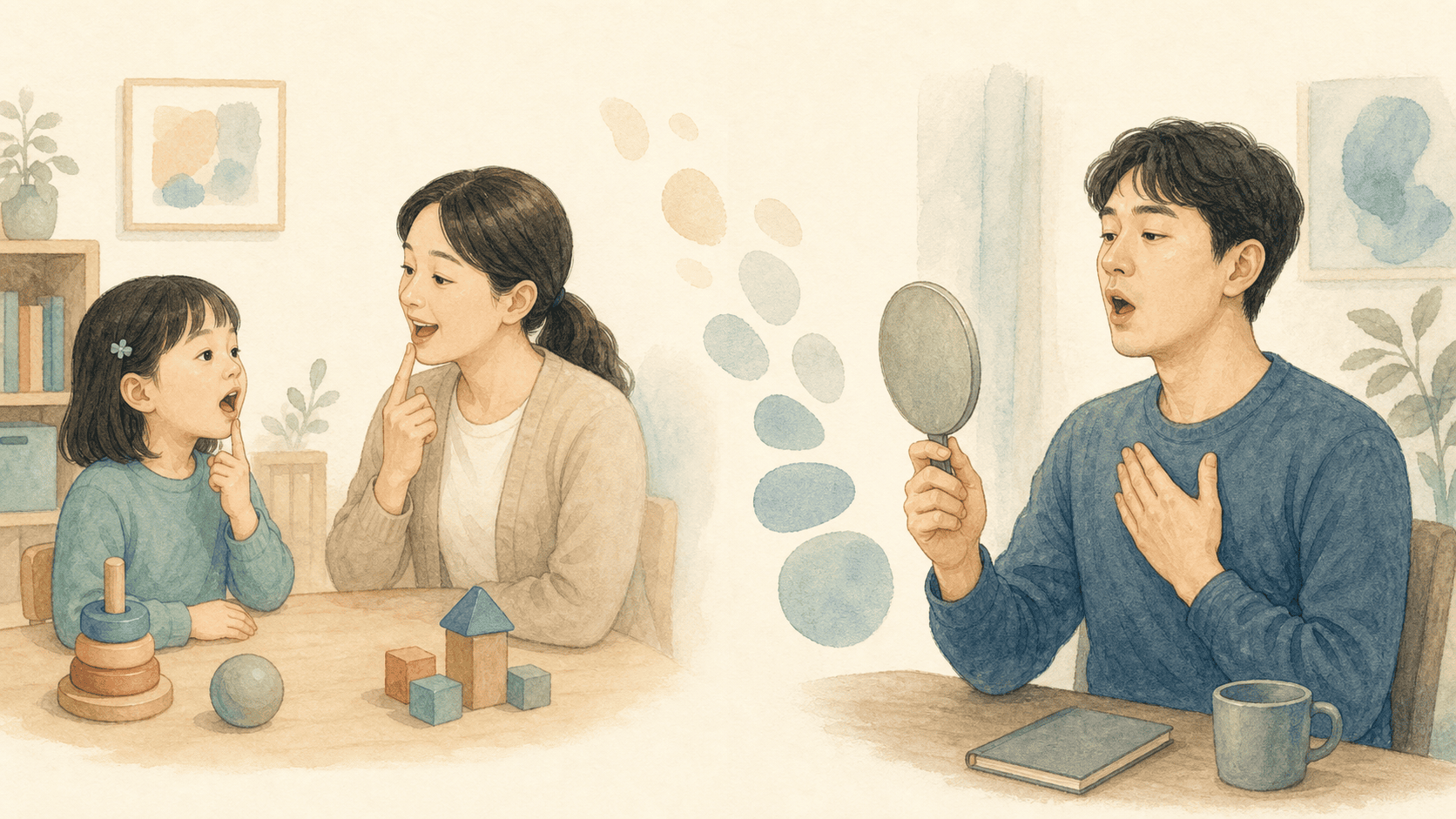 아이와 성인이 서로 다른 말 연습 장면에서 움직임을 준비하고 소리 내는 흐름