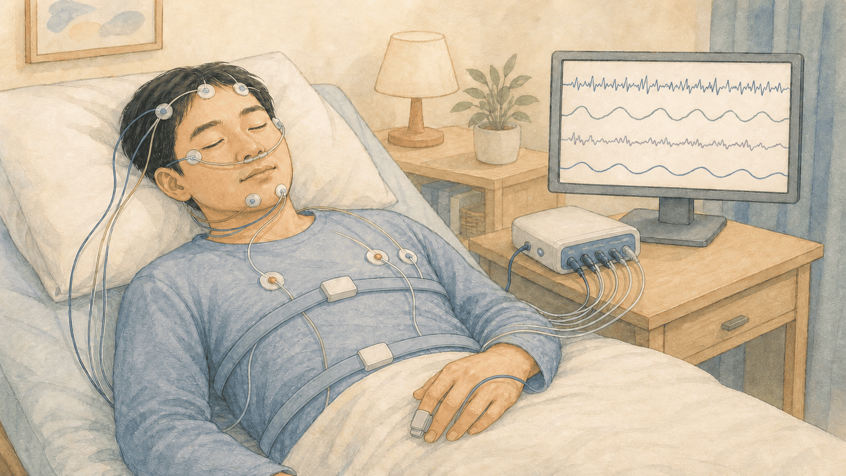 수면검사실에서 머리와 얼굴, 가슴, 손가락에 센서를 붙이고 잠든 사람을 기록하는 수면다원검사 2D 의료 일러스트