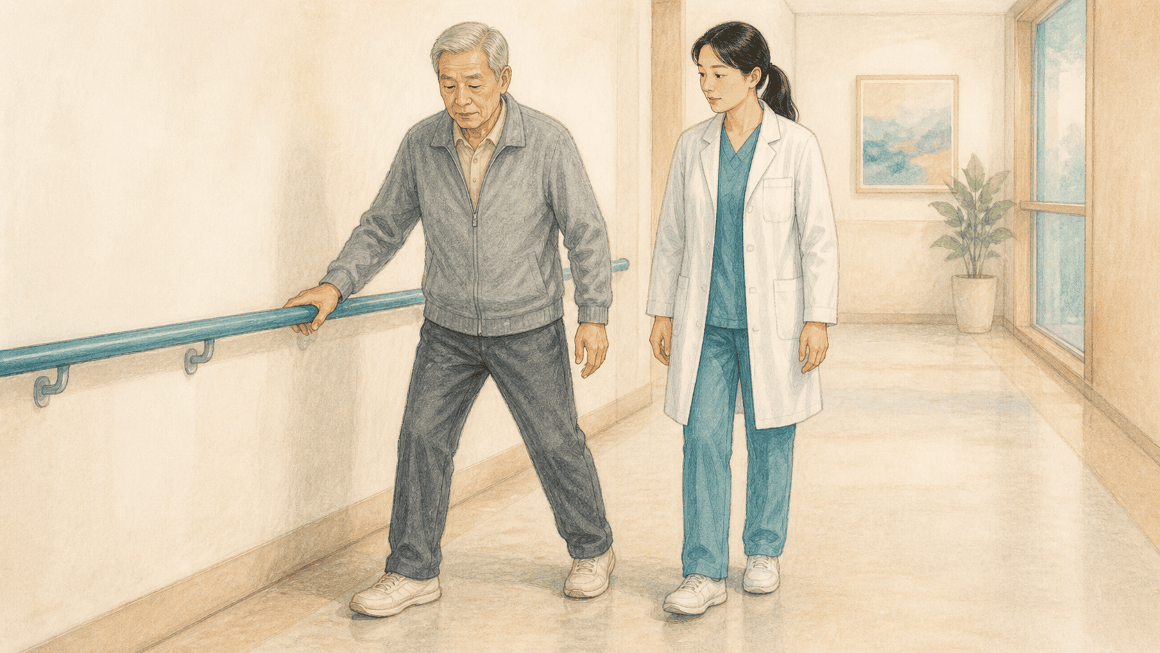 진료실 복도에서 의료진과 함께 조심스럽게 걷는 고령 성인
