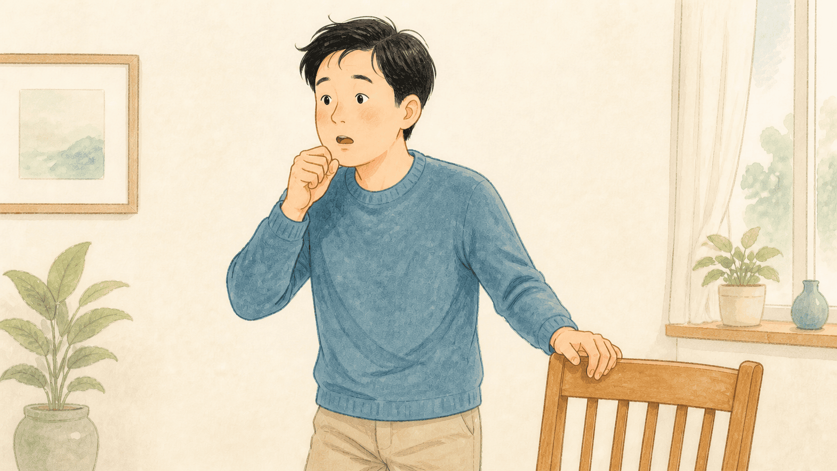 기침 뒤 잠시 어지러워 의자를 짚은 사람 그림