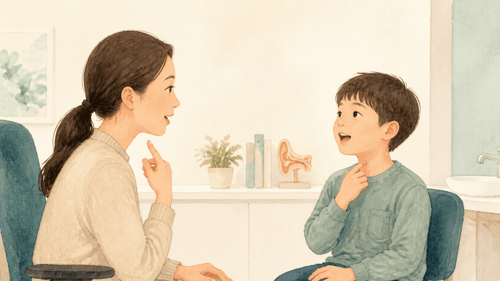아이와 보호자가 대화하며 말의 높낮이와 강세, 리듬 및 쉼을 보여 주는 그림
