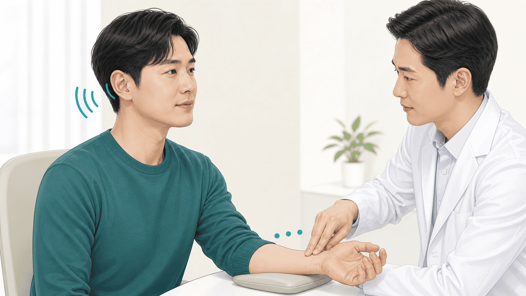 의료진이 손목 맥박을 확인하며 귀에서 느끼는 리듬과 비교하는 박동성 이명 일러스트