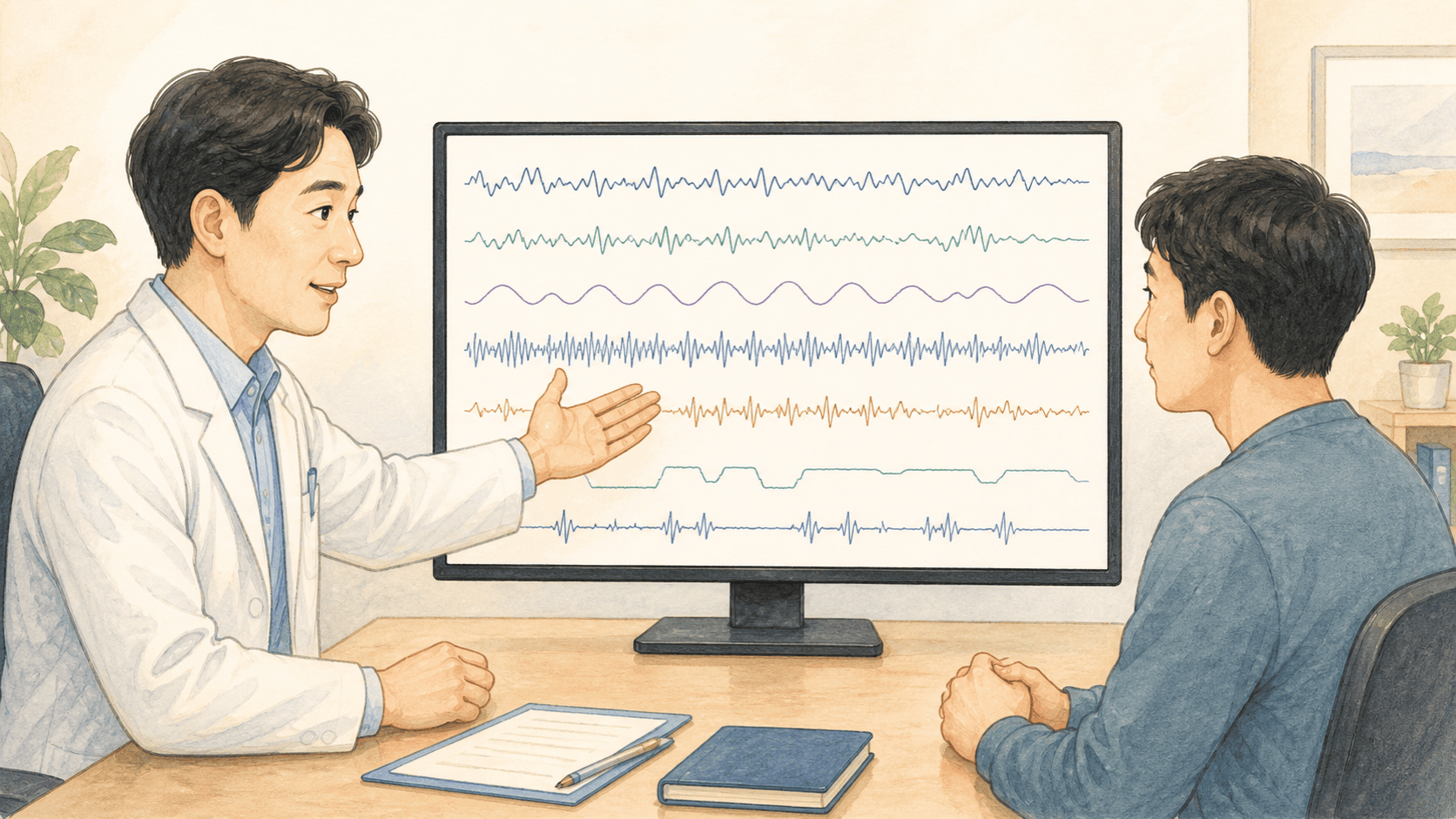 의사와 환자가 수면검사 결과의 여러 추상 신호를 함께 살펴보는 2D 일러스트