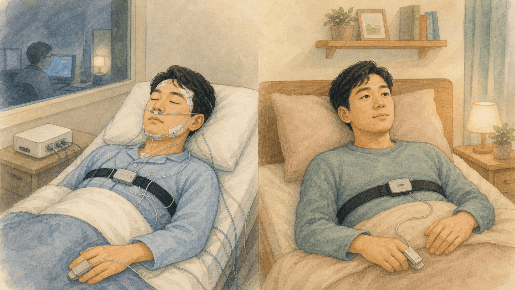 같은 사람이 수면검사실과 집 침대에서 각각 검사를 받으며 실제 수면시간과 기록시간의 차이를 보여 주는 2D 일러스트
