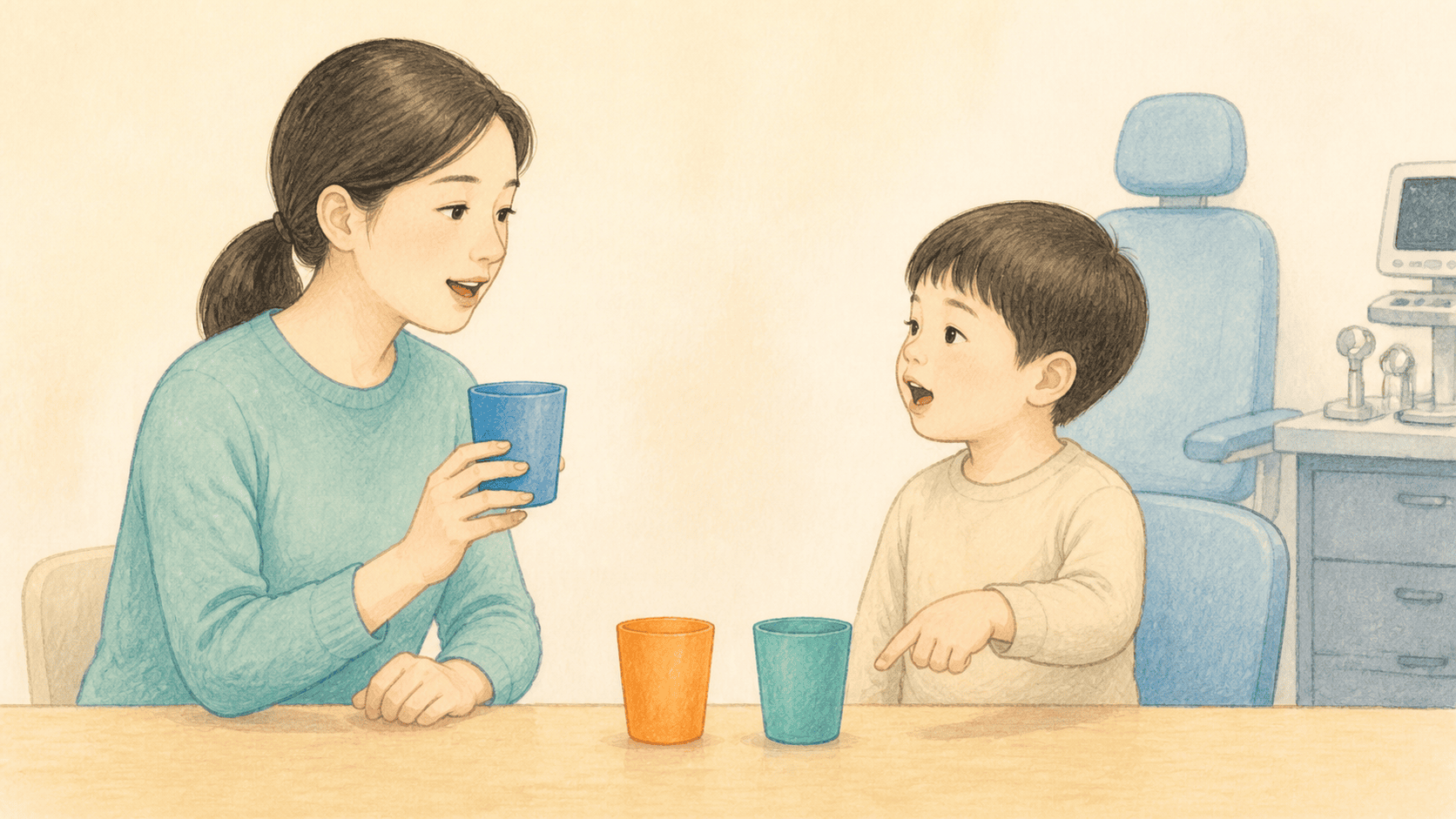 아이가 성인의 그림 지시를 이해해 물건을 고르고 자신의 그림 말풍선으로 표현하는 장면