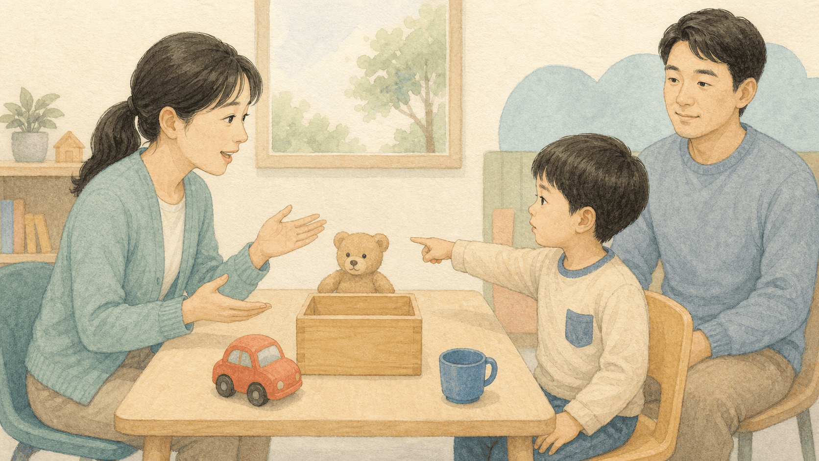 곰이 상자 뒤에 있다는 말을 이해해 가리키는 아이