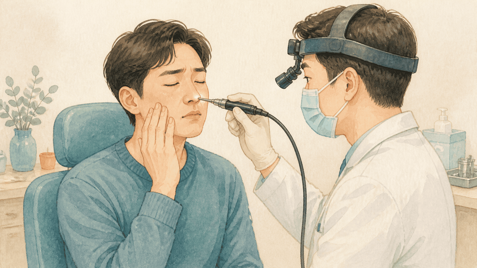코 증상이 있는 시기와 편안한 무증상 시기가 번갈아 나타나는 같은 사람의 세 장면