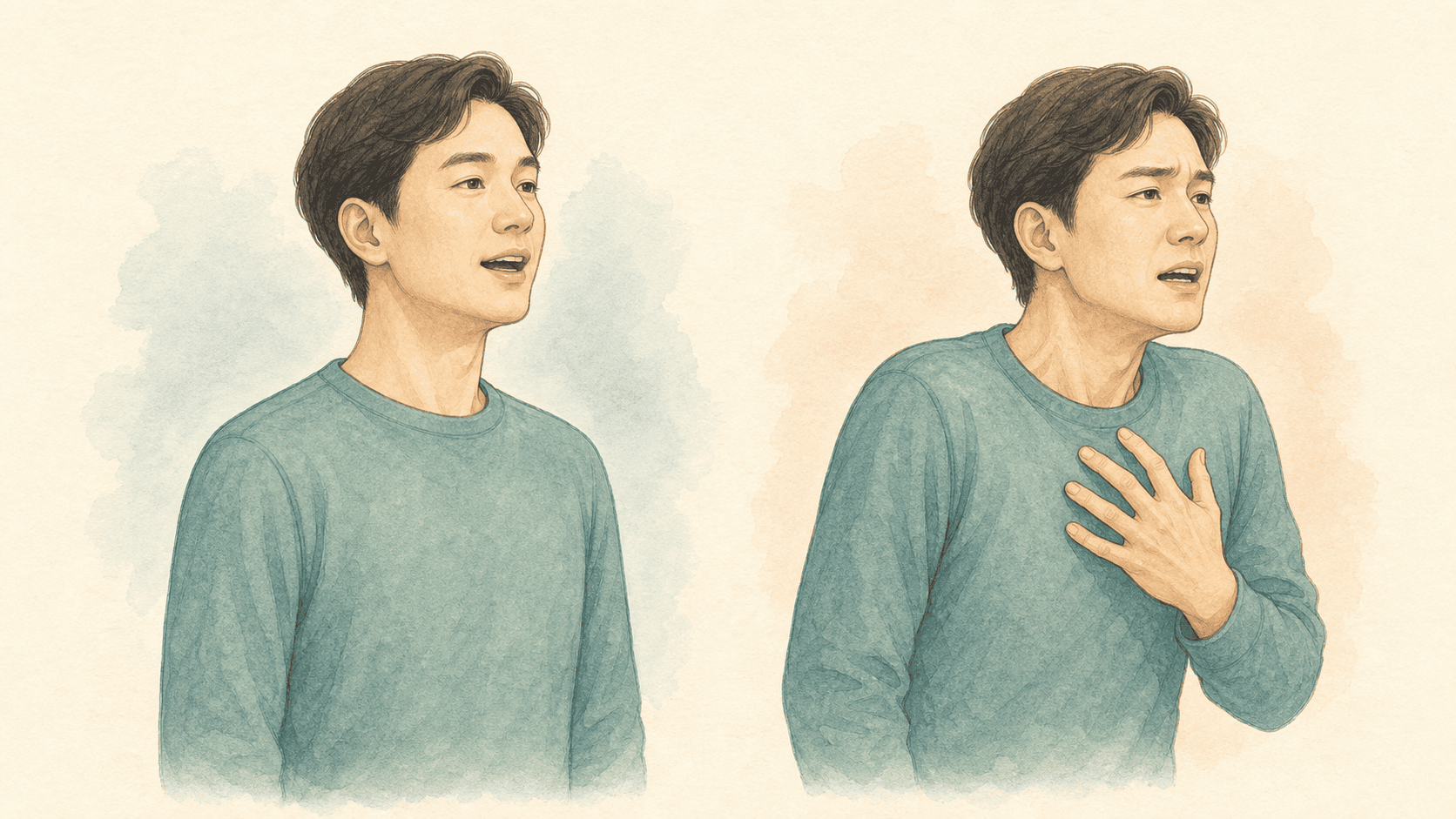 같은 성인이 편안하게 말할 때와 목과 어깨에 과도한 힘을 주어 말할 때의 자세 비교