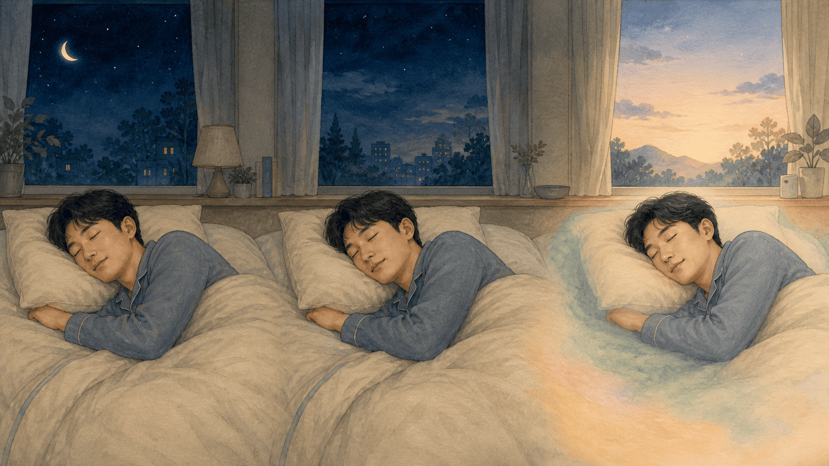 한 사람이 잠든 밤에 렘수면이 반복되며 뒤로 갈수록 길어지는 흐름을 은은한 장면 변화로 나타낸 2D 일러스트